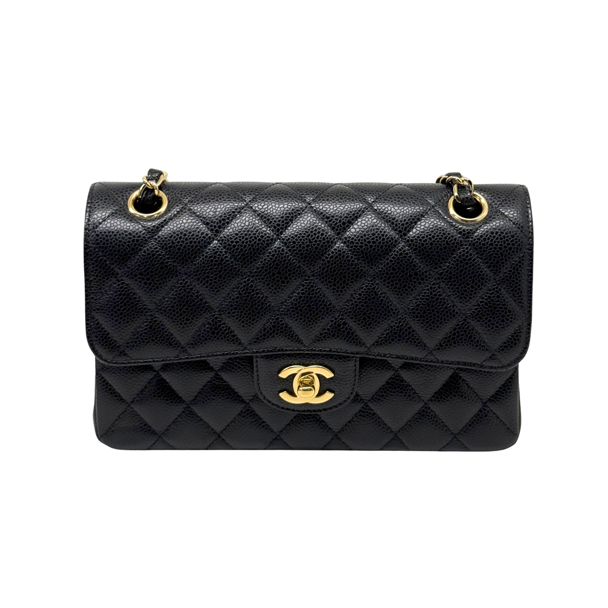 Chanel black bag caviar leather gold hardware