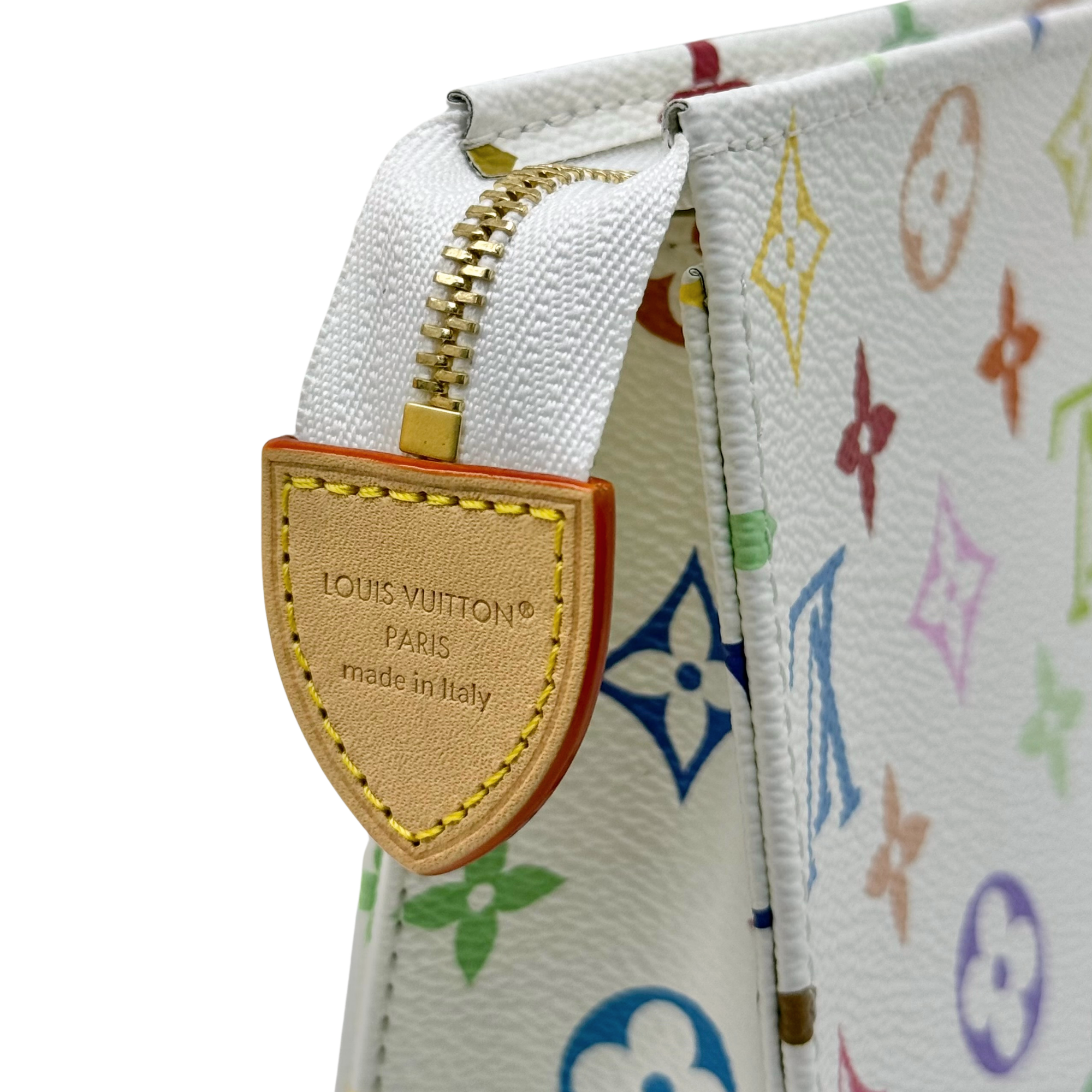 Louis Vuitton pouch zipper pull leather tab with 'Louis Vuitton Paris' text, multicolor print