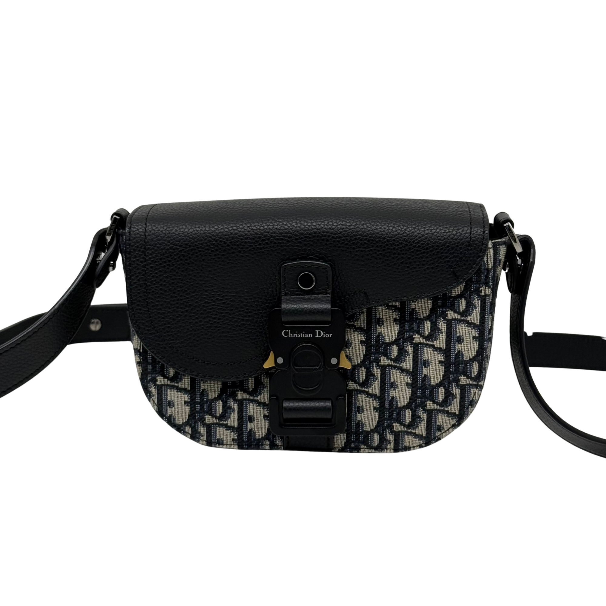 Dior Small Saddle Messenger Bag with Flap Beige and Black Dior Oblique Jacquard with Black Grained Calfskin (pre-owned)
