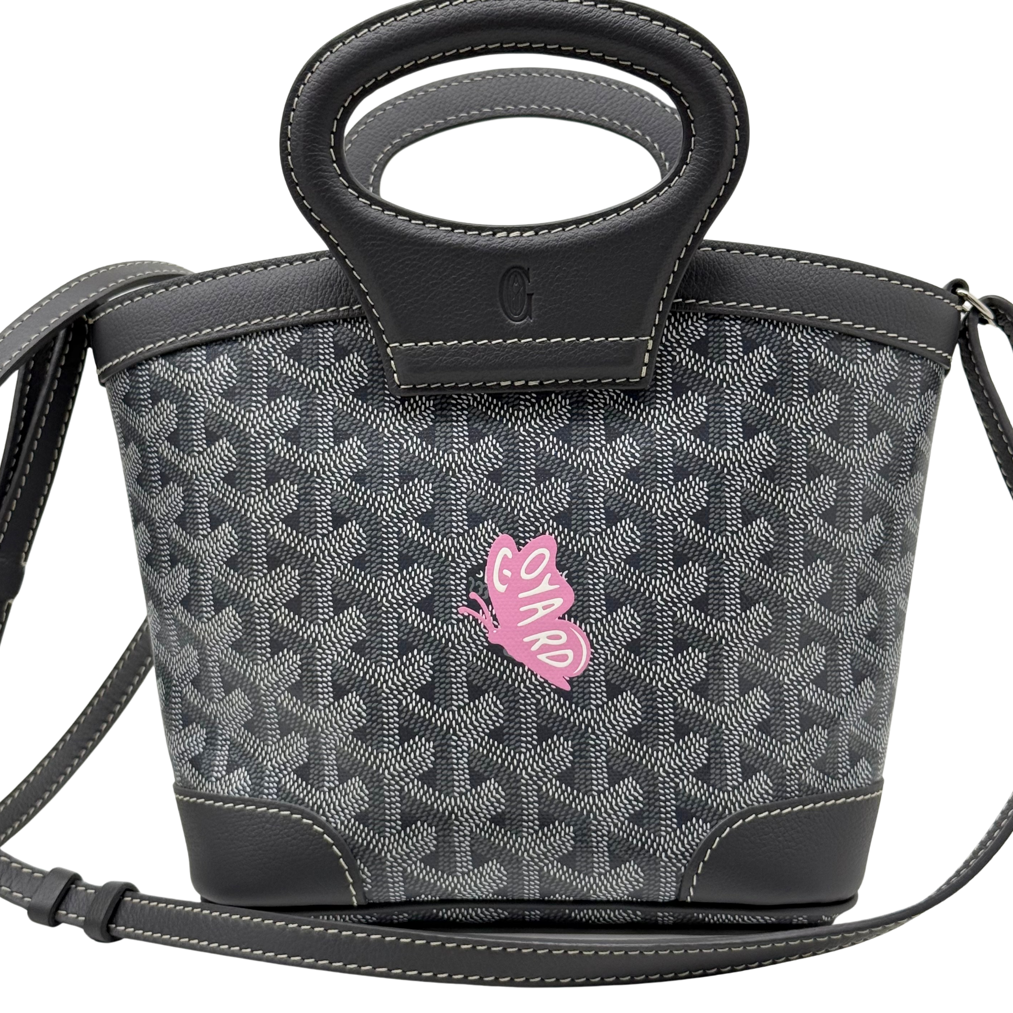 Pre-owned small tote bag with Goyard-style monogram, black leather trim, top handle and strap