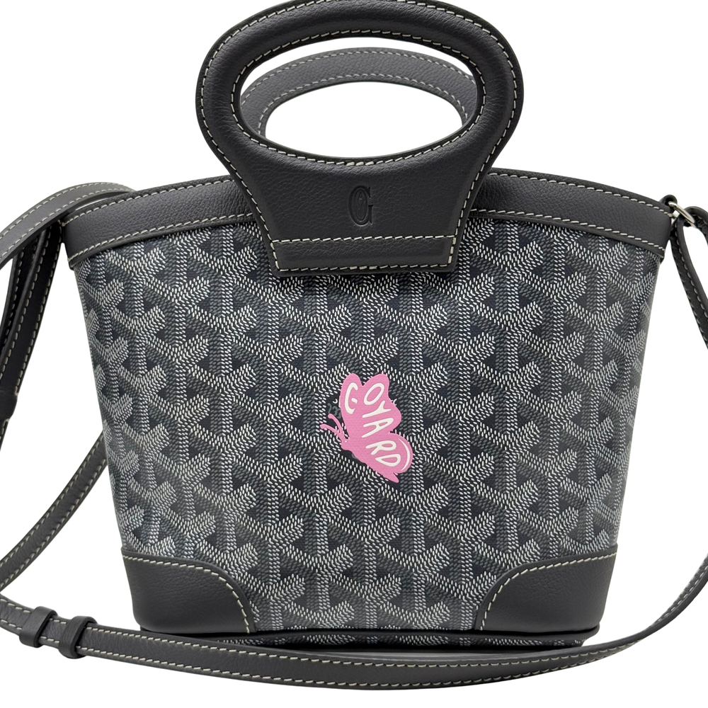 Pre-owned small tote bag with Goyard-style monogram, black leather trim, top handle and strap