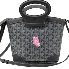 Pre-owned small tote bag with Goyard-style monogram, black leather trim, top handle and strap