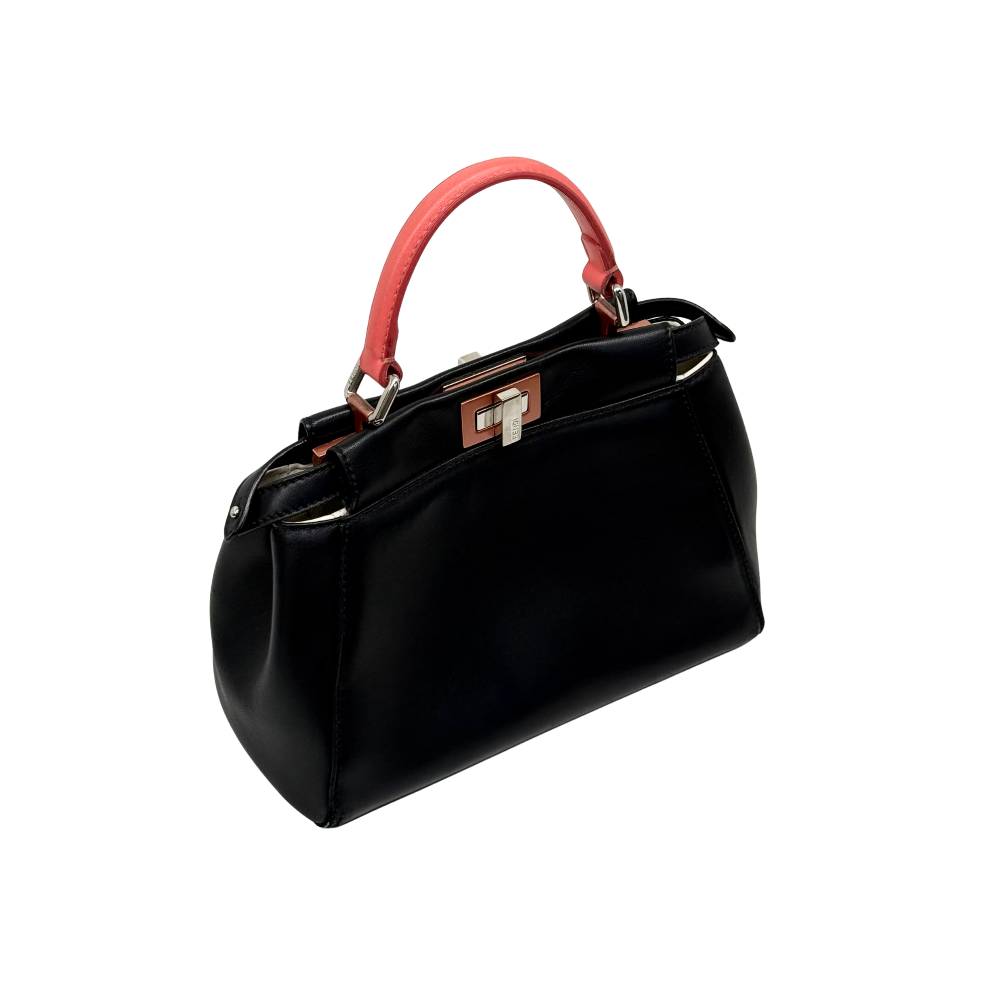 Pre-owned Fendi black leather top-handle handbag with coral-pink handle and gold-tone clasp