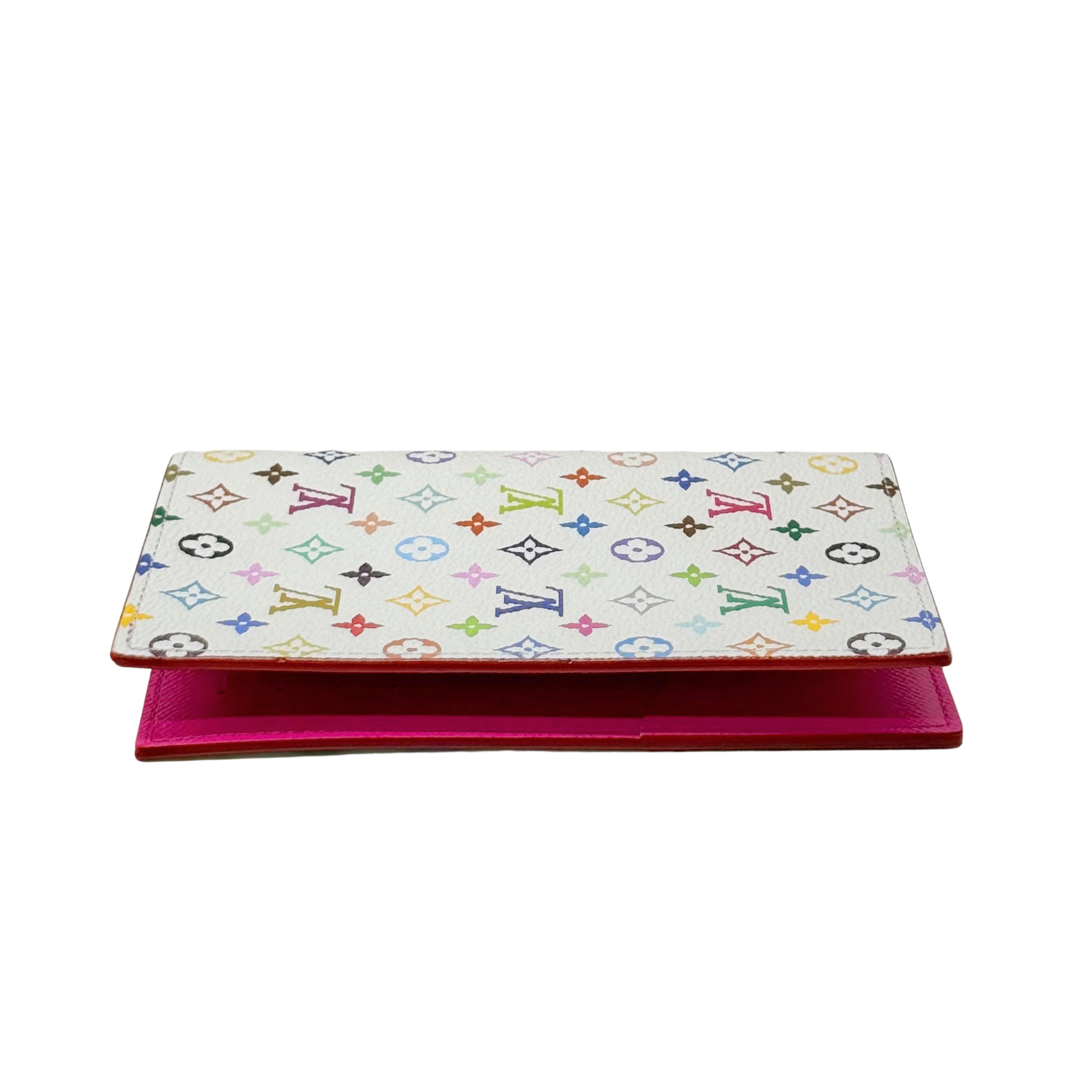 Multicolor Louis Vuitton card holder side view with white patterned exterior