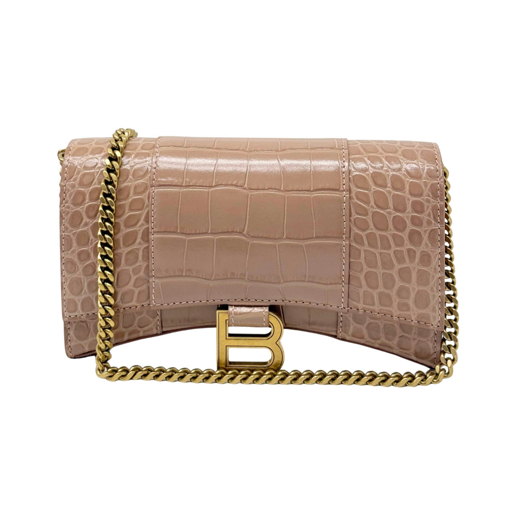 Beige croc-embossed leather wallet on gold-tone chain with gold B turn-lock