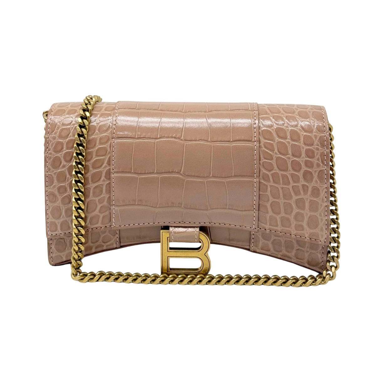 Beige croc-embossed leather wallet on gold-tone chain with gold B turn-lock