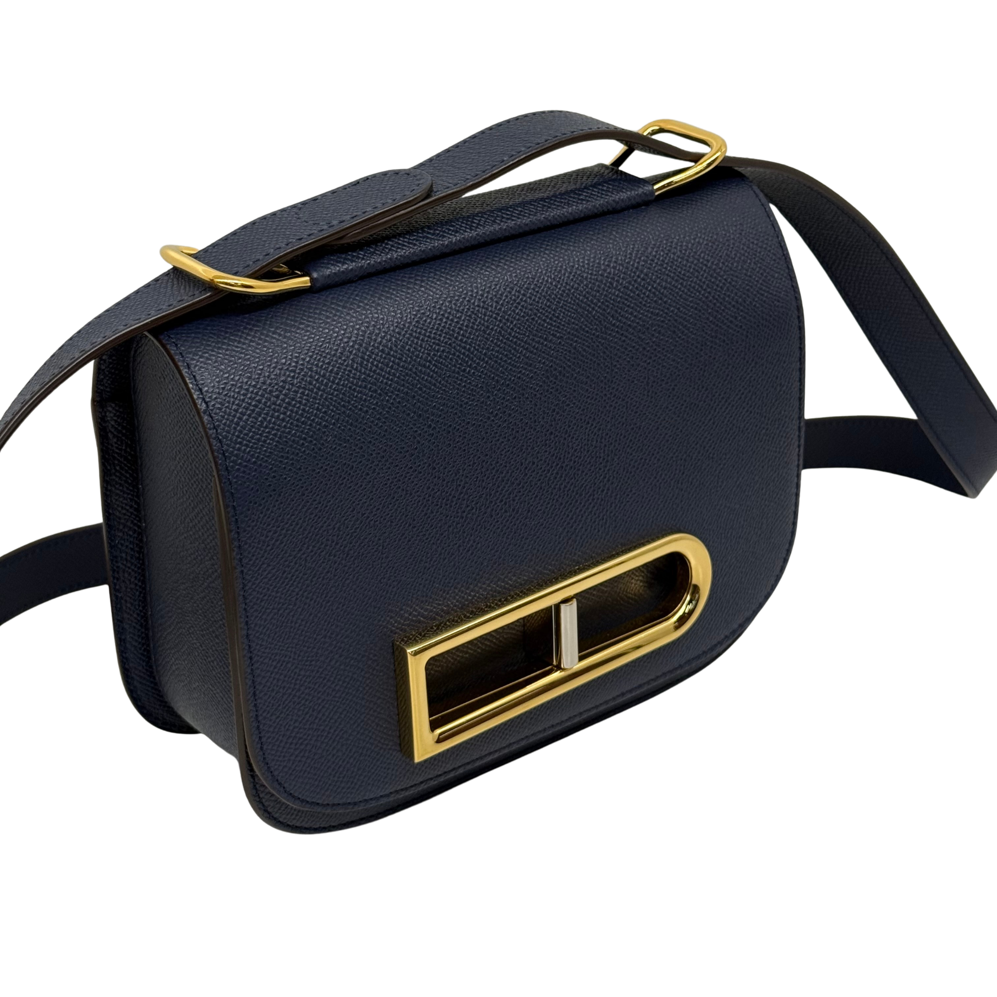 Navy textured leather flap satchel with gold buckle clasp, strap and top handle