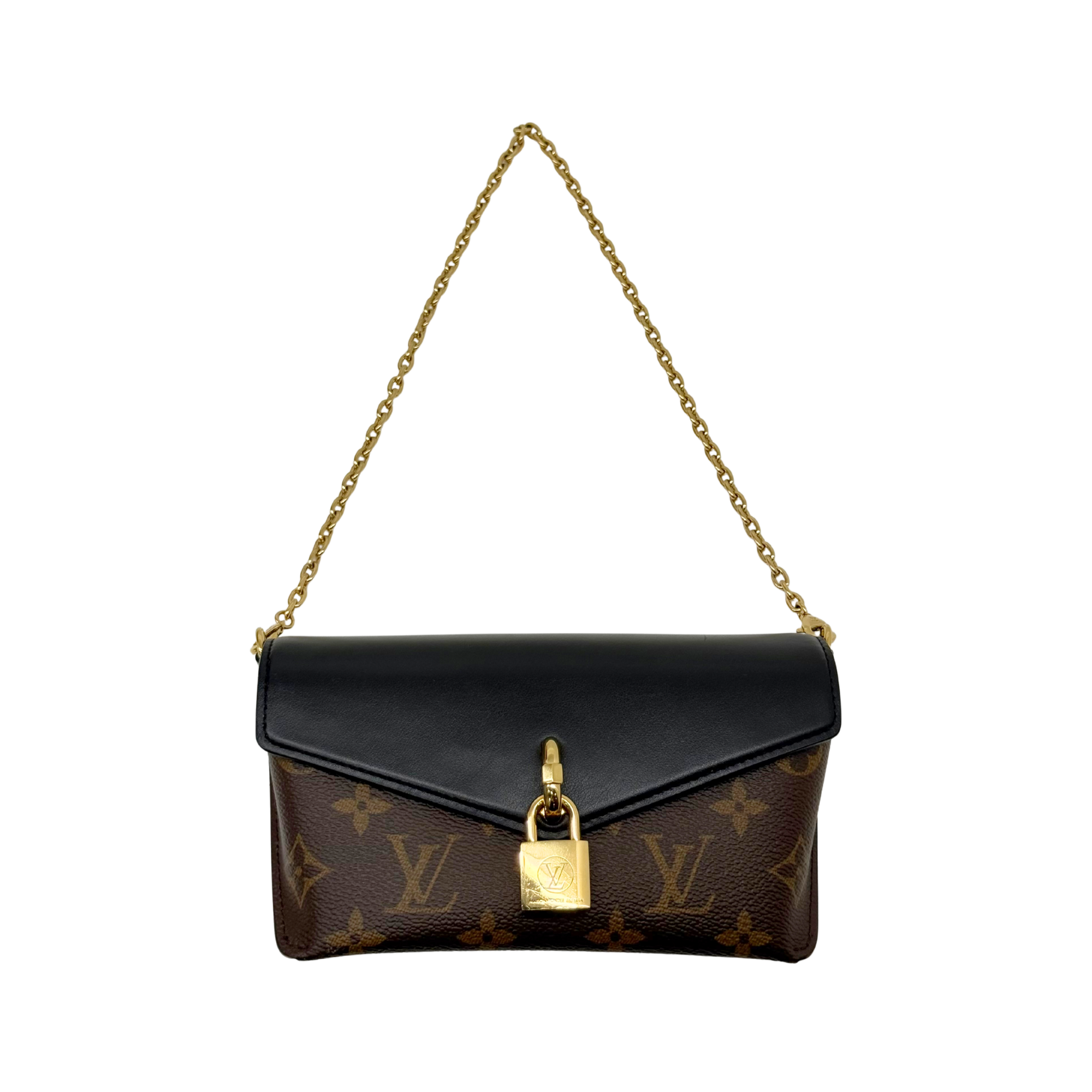 Small monogram shoulder bag with black flap, gold lock charm, and chain strap