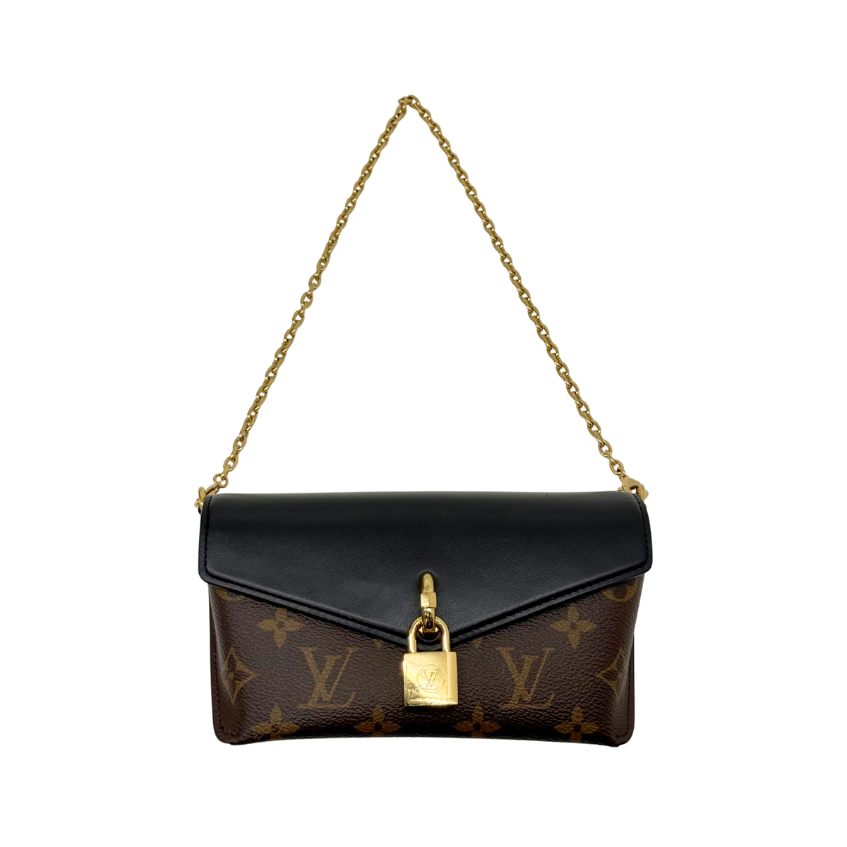 Small monogram shoulder bag with black flap, gold lock charm, and chain strap