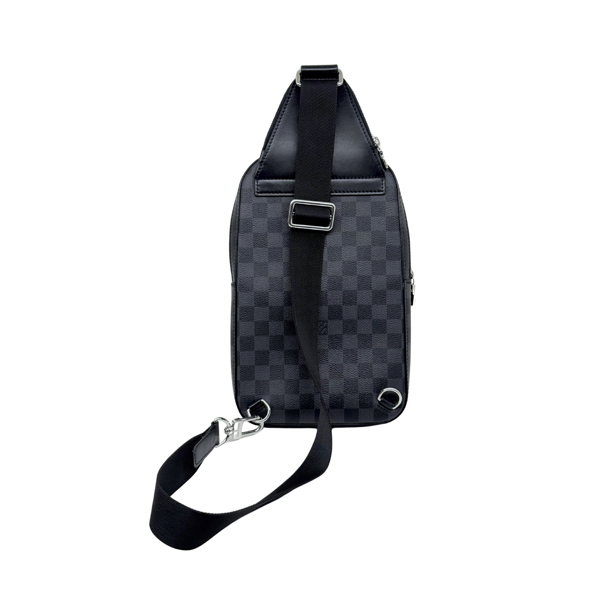 Dark checkered crossbody bag with adjustable strap and metal buckle