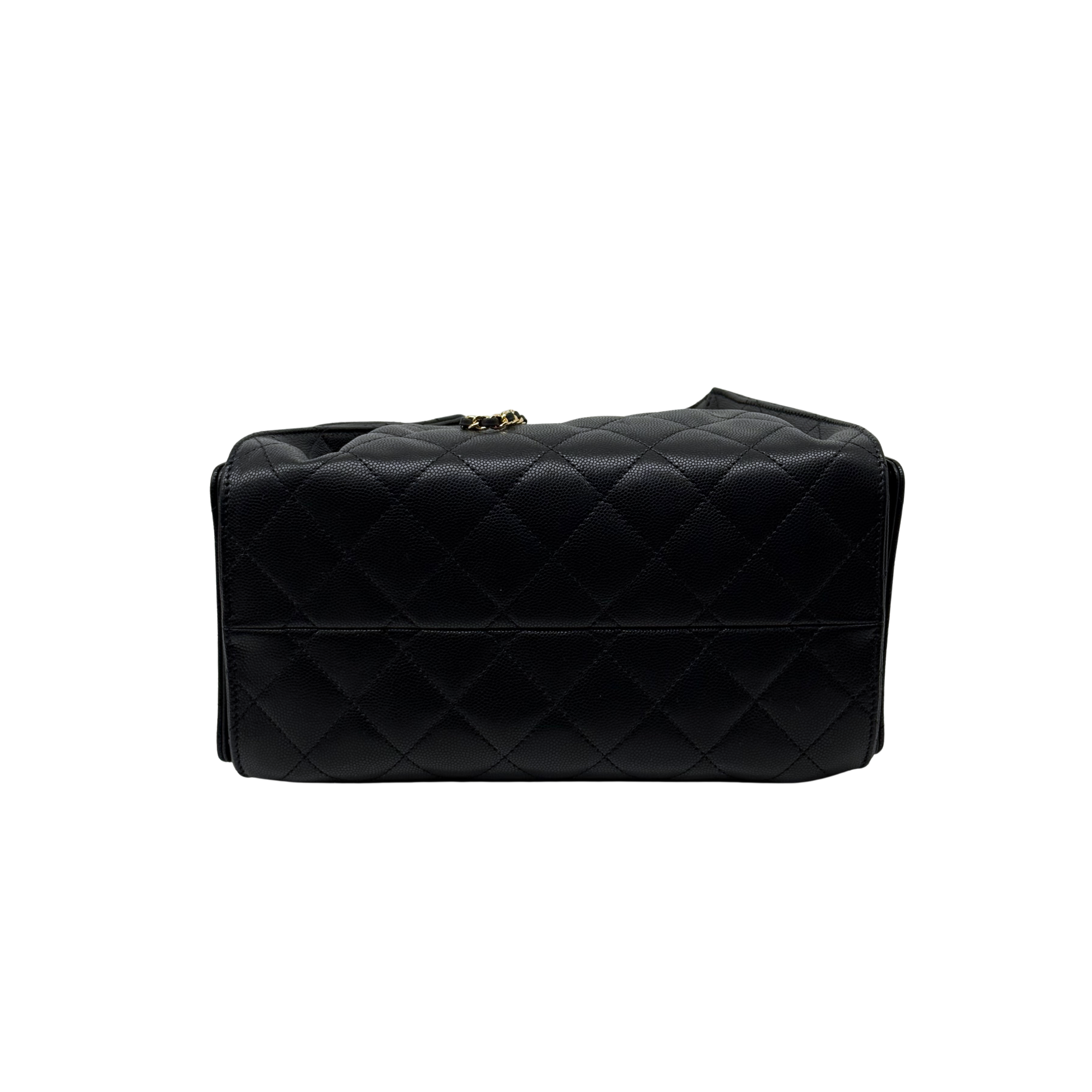 Black quilted flap handbag with gold-tone hardware and chain accent