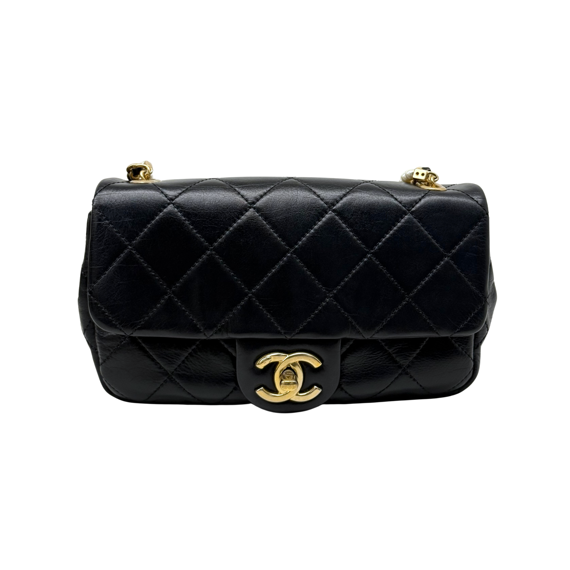 Chanel black bag with pearl strap