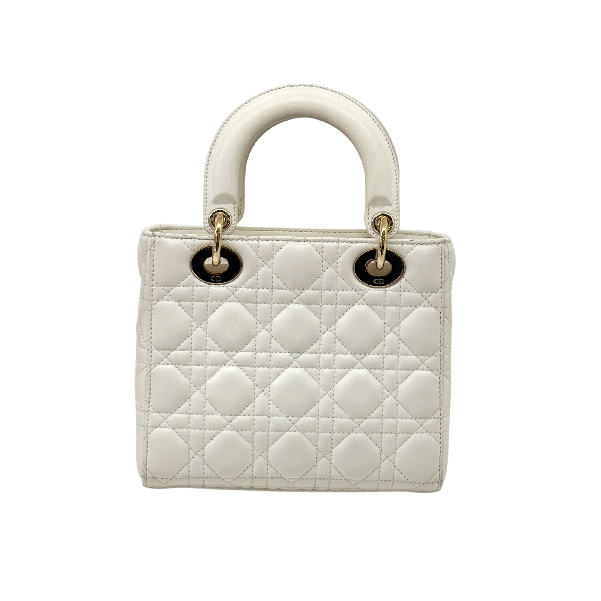 Dior Lady Dior Small White Cannage Lambskin Leather Top Handle Bag (pre-owned)