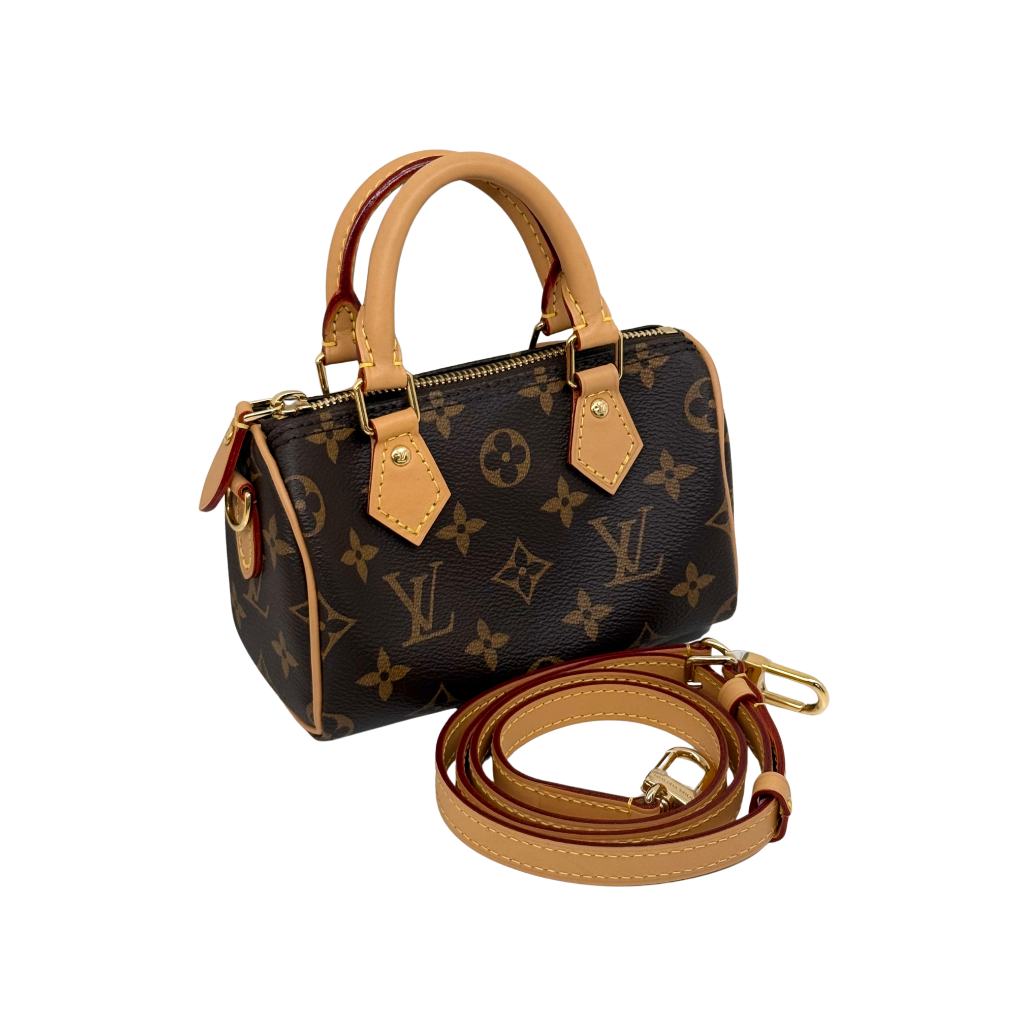 Louis Vuitton monogram canvas handbag with tan leather handles and shoulder strap