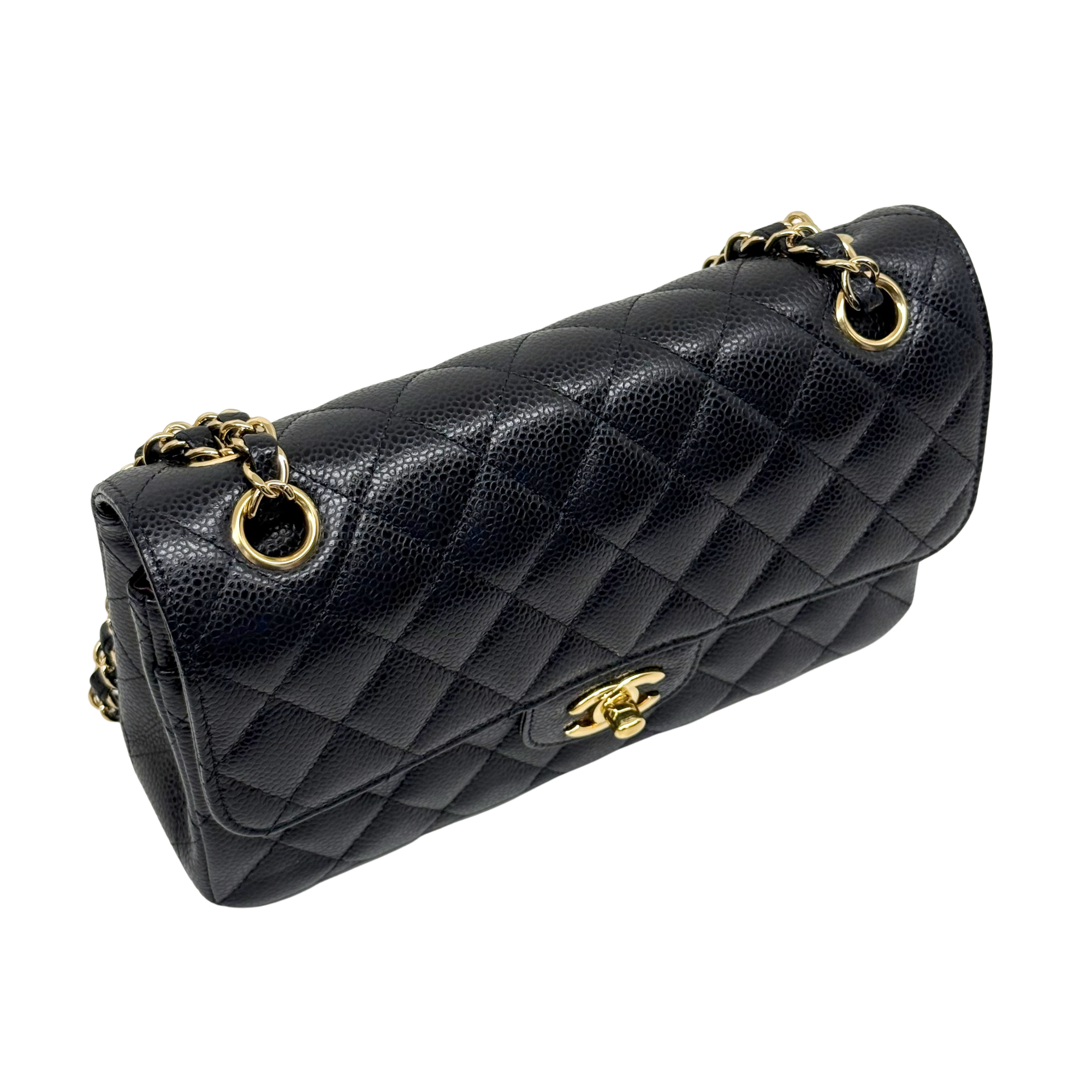 Chanel black bag caviar leather gold hardware