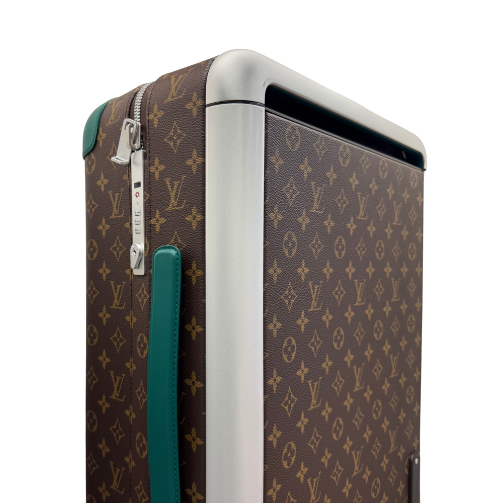 Pre-owned rolling suitcase side, monogram canvas with teal handle strap and zipper