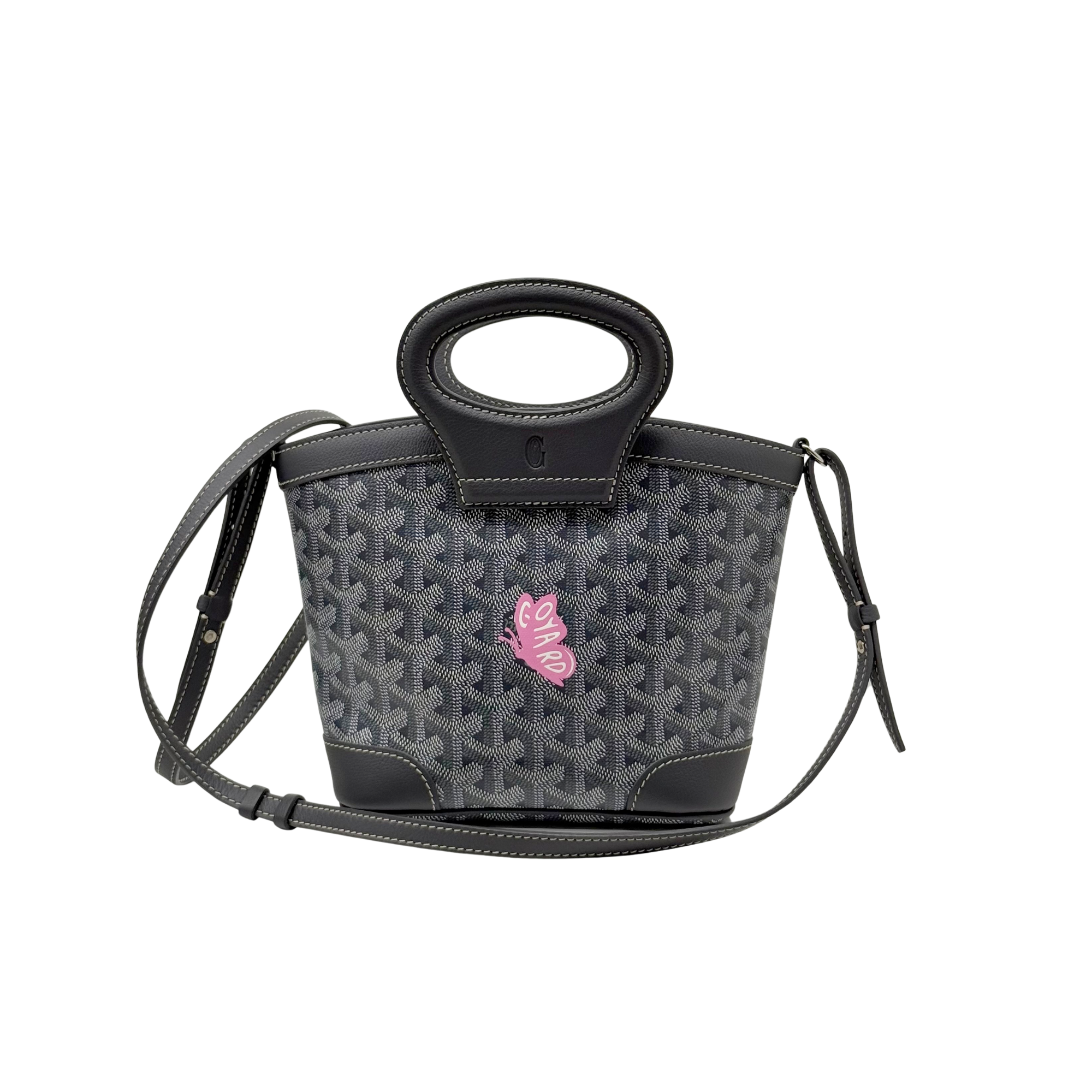 Pre-owned small tote bag with monogram canvas, black leather handles and adjustable crossbody strap
