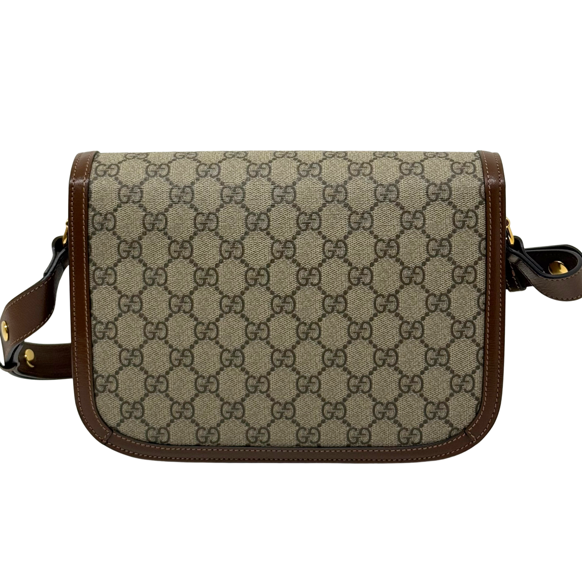Pre-owned Gucci GG canvas shoulder bag front with brown flap and gold hardware