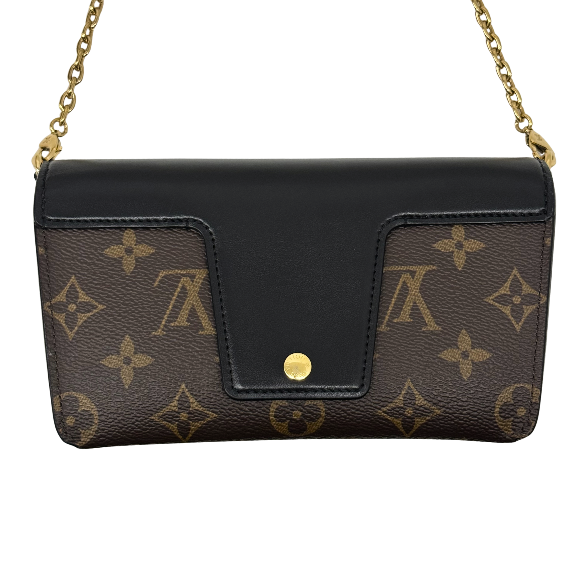 Monogram crossbody bag front with black center flap and gold button