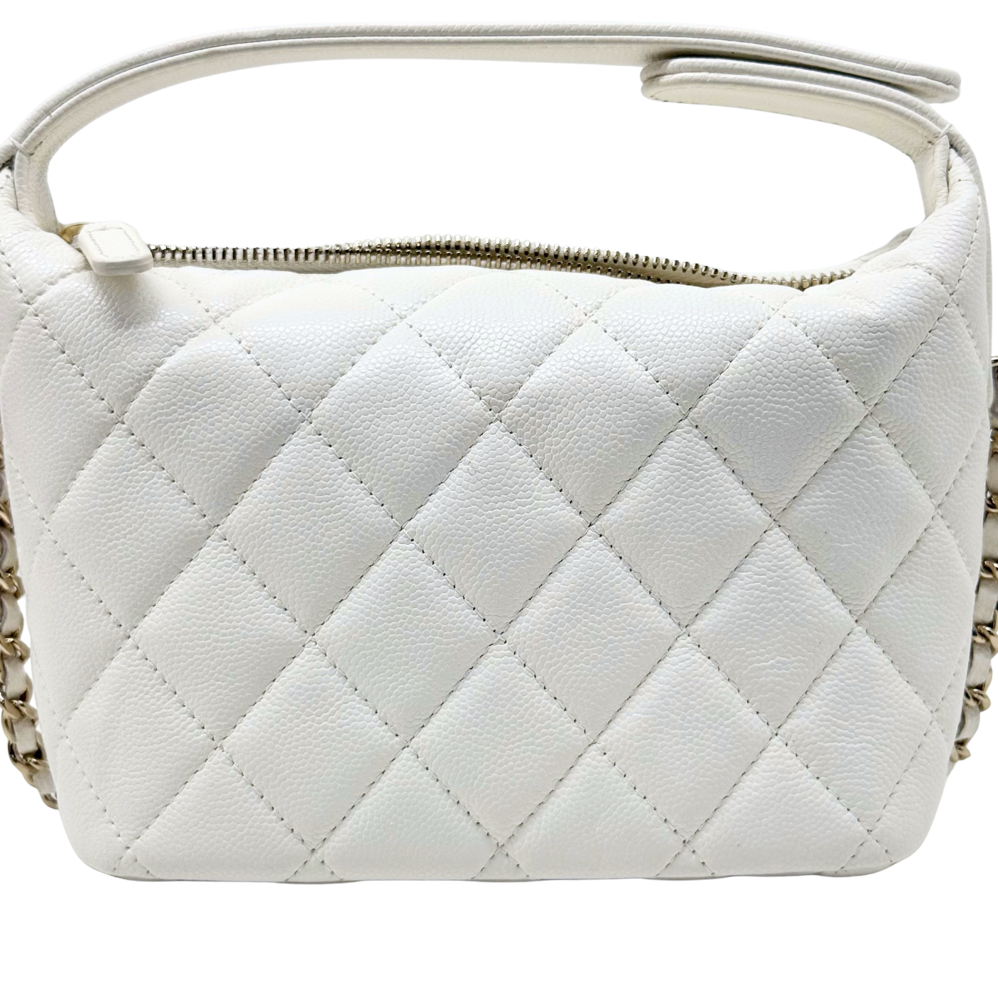 Chanel quilted white bag front panel with top zipper and diamond pattern
