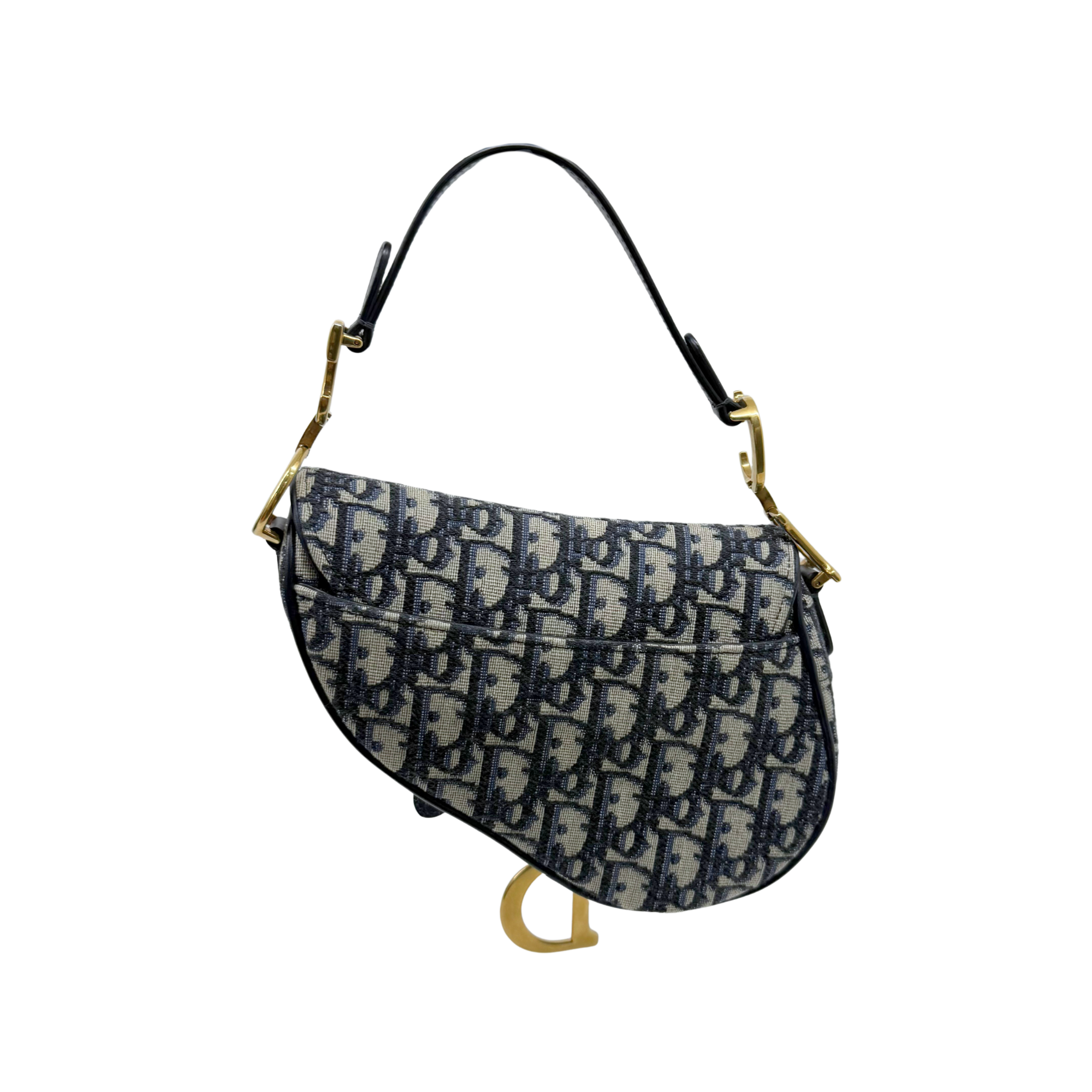 Dior monogram crossbody bag, curved flap, navy pattern, adjustable shoulder strap