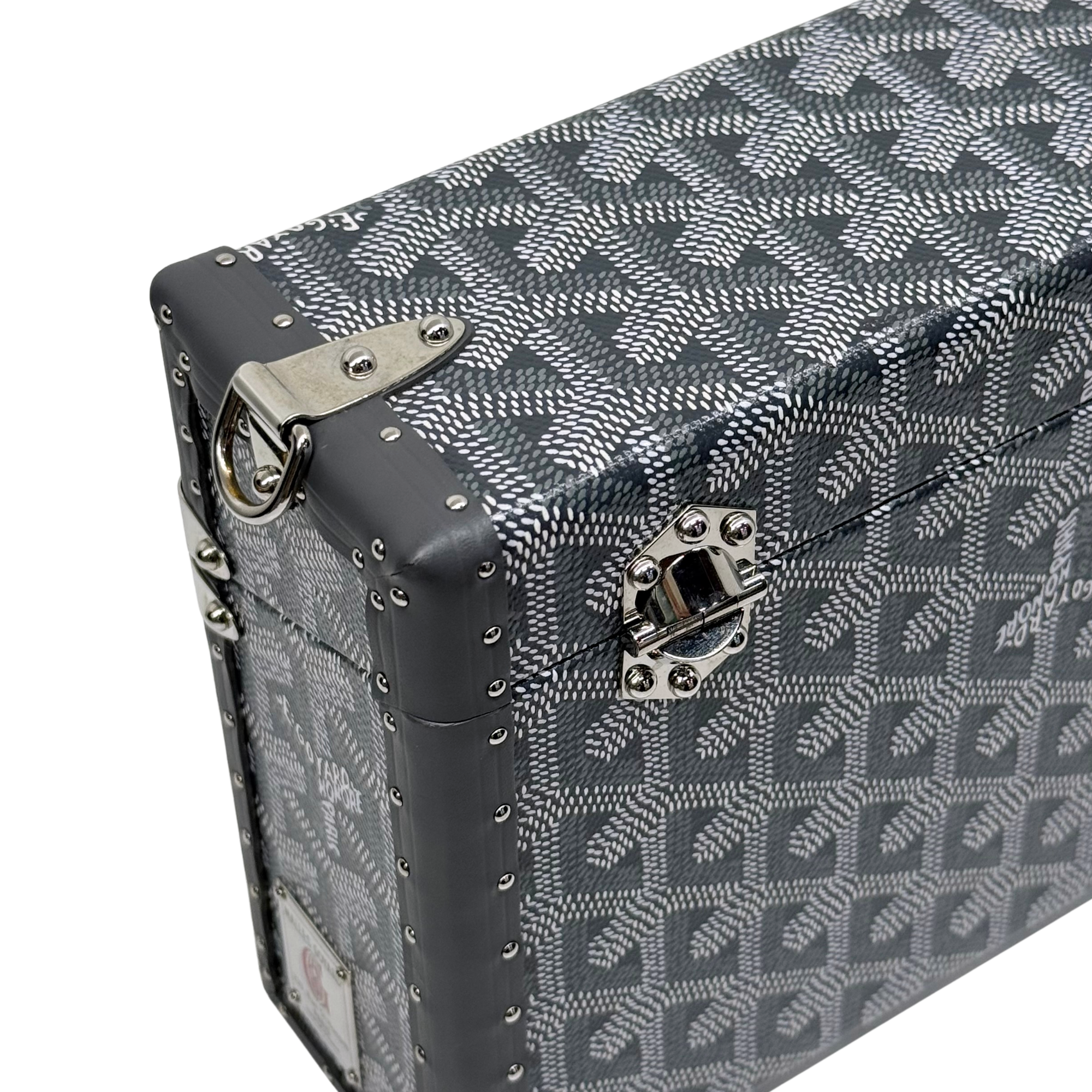 Goyard trunk close-up with metal handle hardware and studded dark leather trim, patterned body