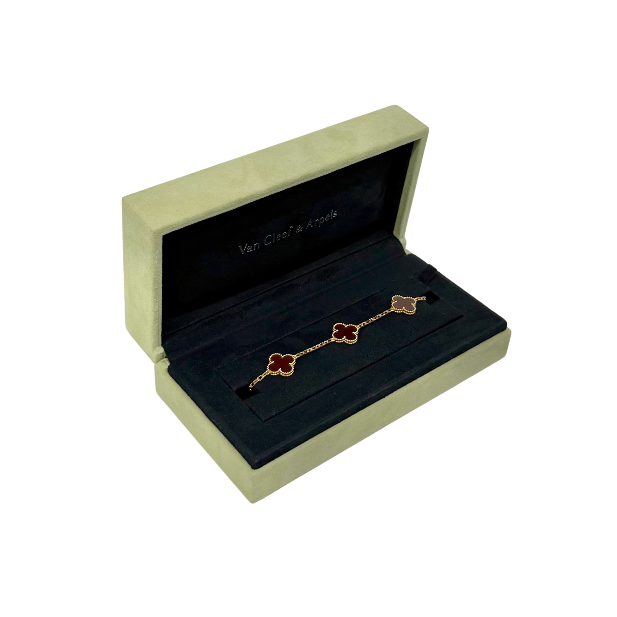 Van Cleef & Arpels bracelet in gift box with red quatrefoil motifs
