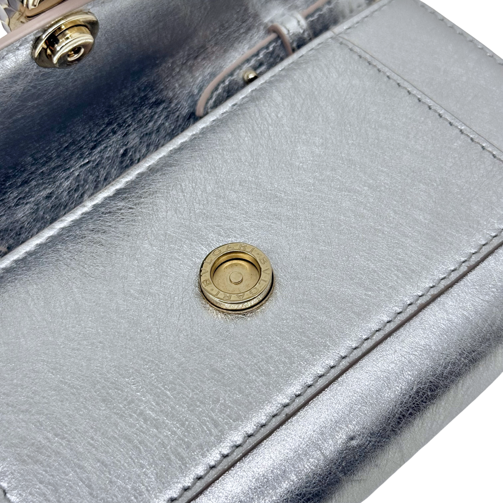 Pre-owned Bulgari silver metallic leather flap bag front with snap closure and stitching