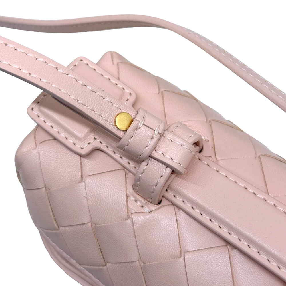 Bottega Veneta pink leather bag strap with stitched trim and gold turn-lock