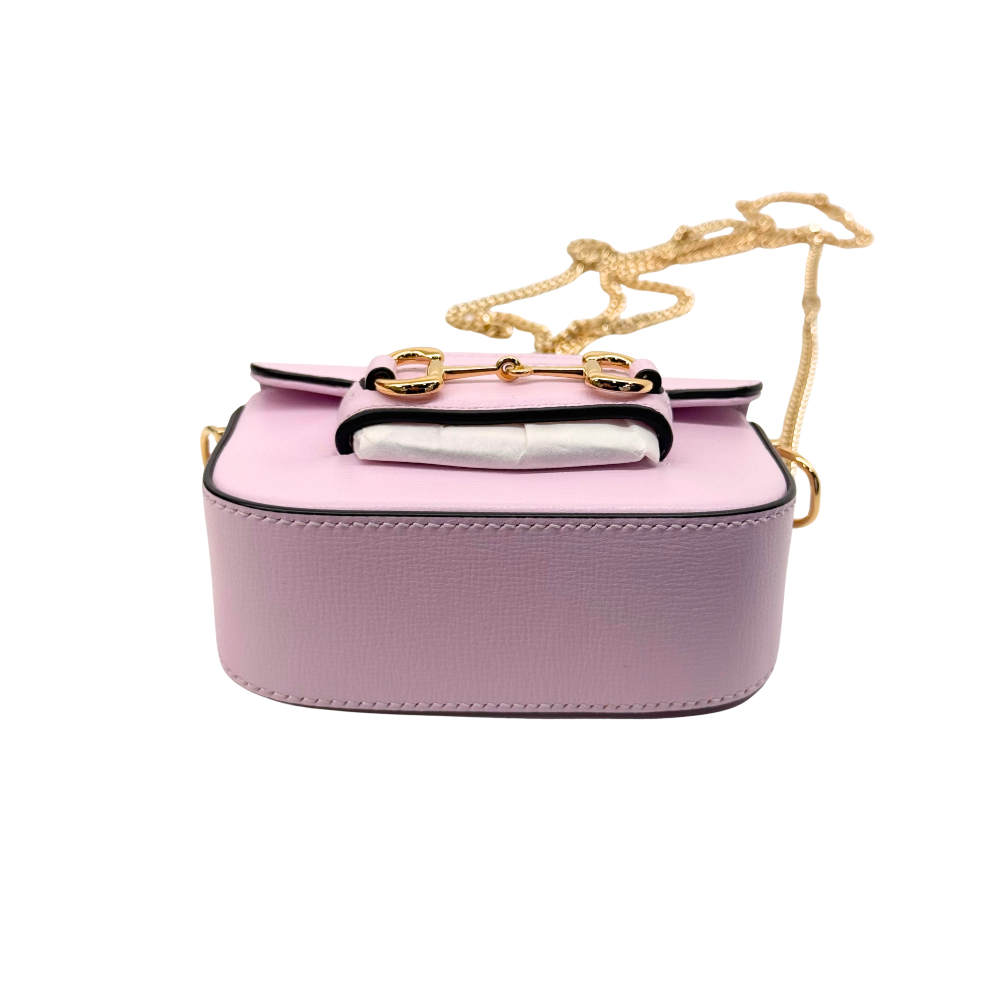 Pink Gucci mini crossbody bag with gold-tone chain and front clasp