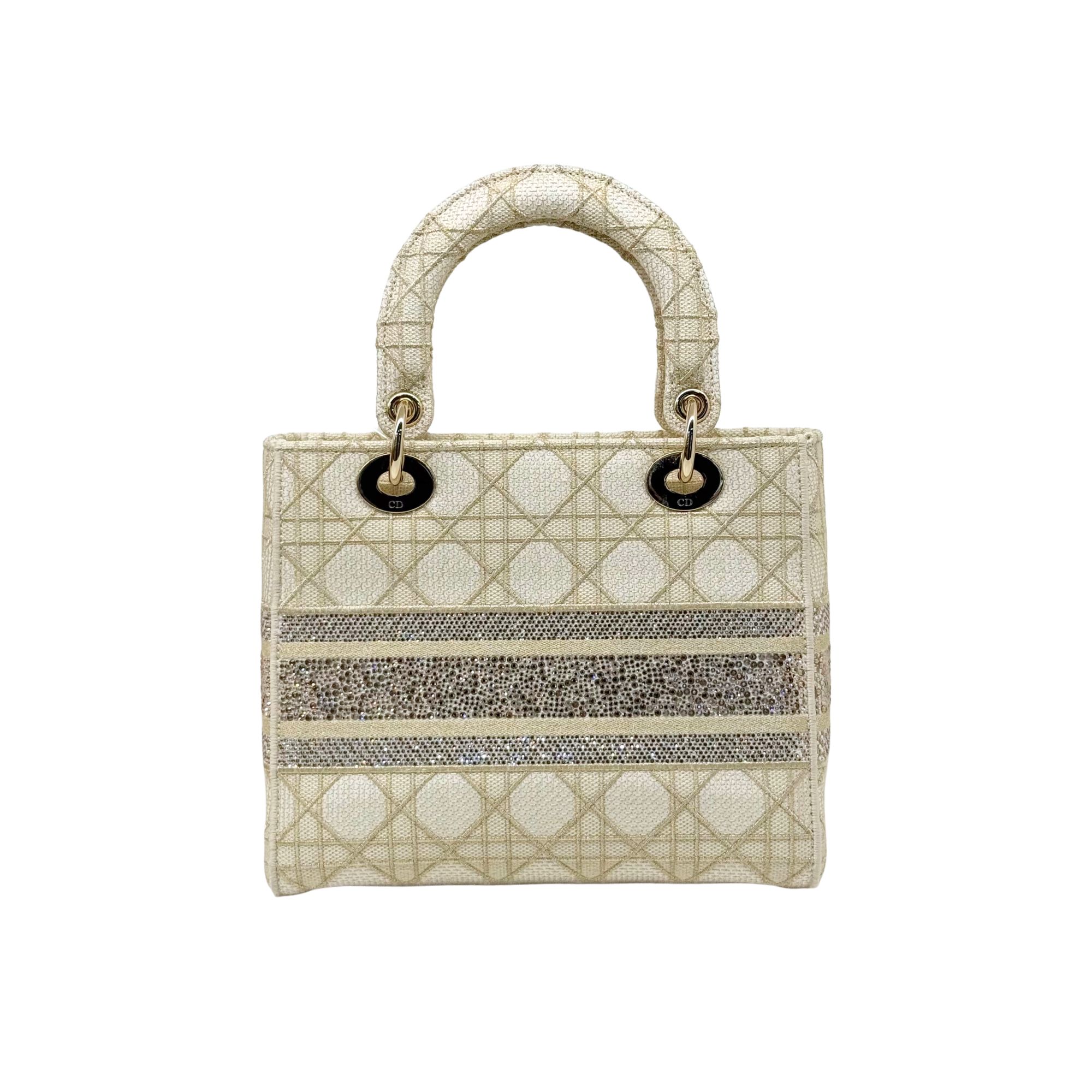 Christian Dior Medium Lady D-Lite bag, beige embroidered canvas, front view with black logo discs
