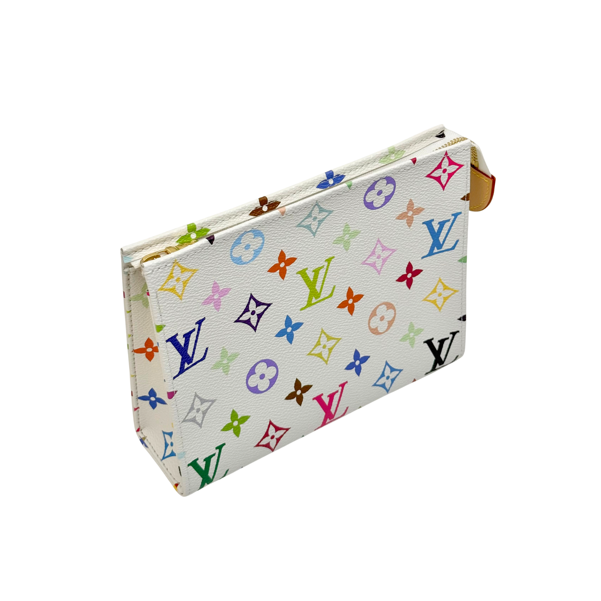 Louis Vuitton pouch with multicolor monogram print and gold zipper, rectangular shape