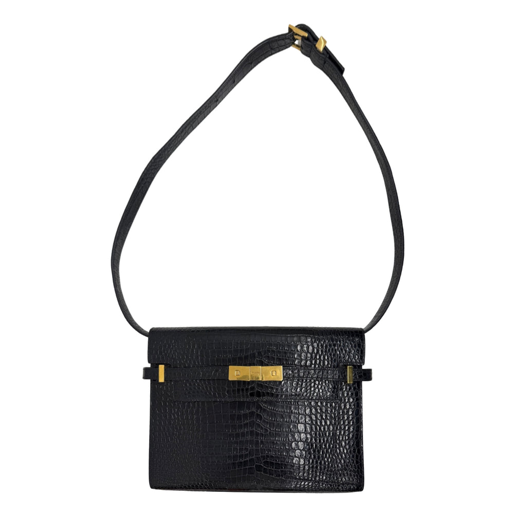 YSL pre-owned black croc-embossed leather mini shoulder bag with gold-tone buckle