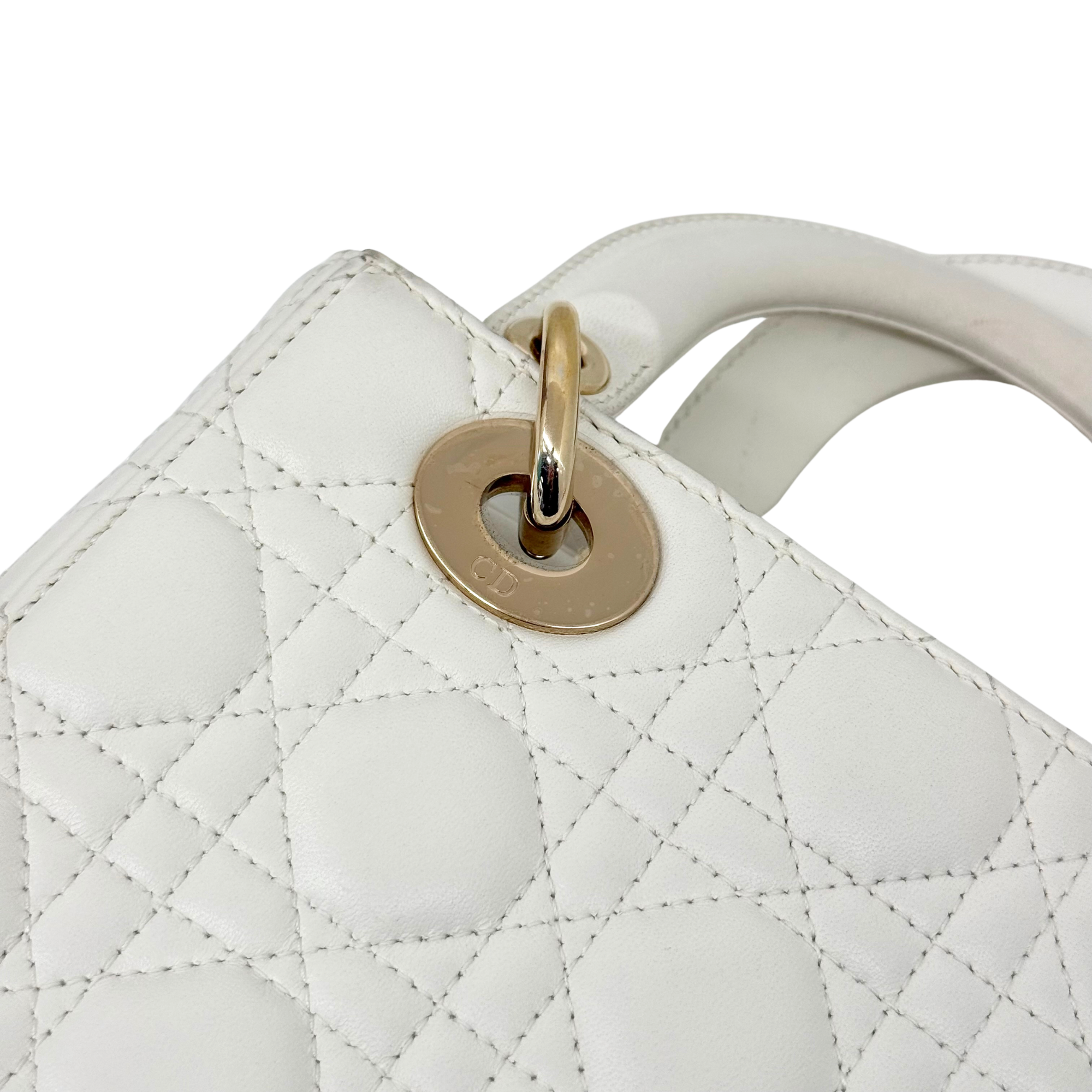 Dior Lady Dior Small White Cannage Lambskin Leather Top Handle Bag (pre-owned)