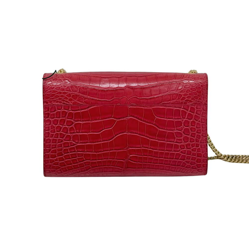 Red crocodile-embossed leather crossbody flap bag with gold-tone chain strap