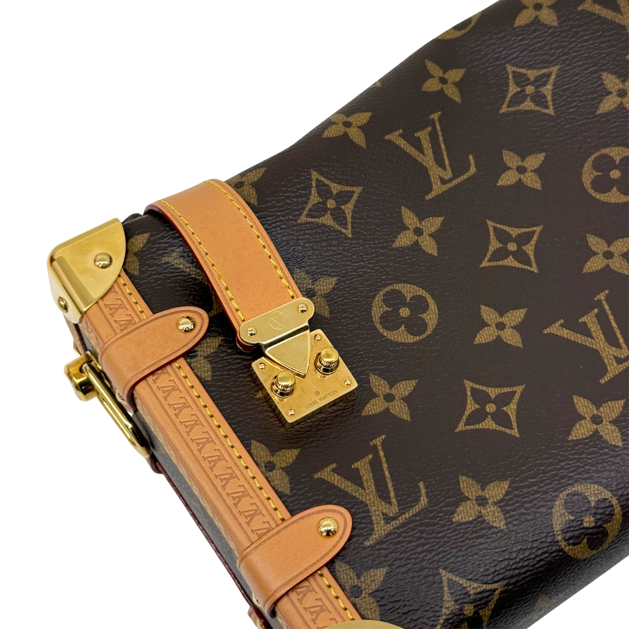 Side close-up of monogram canvas crossbody bag with tan leather strap and gold latch