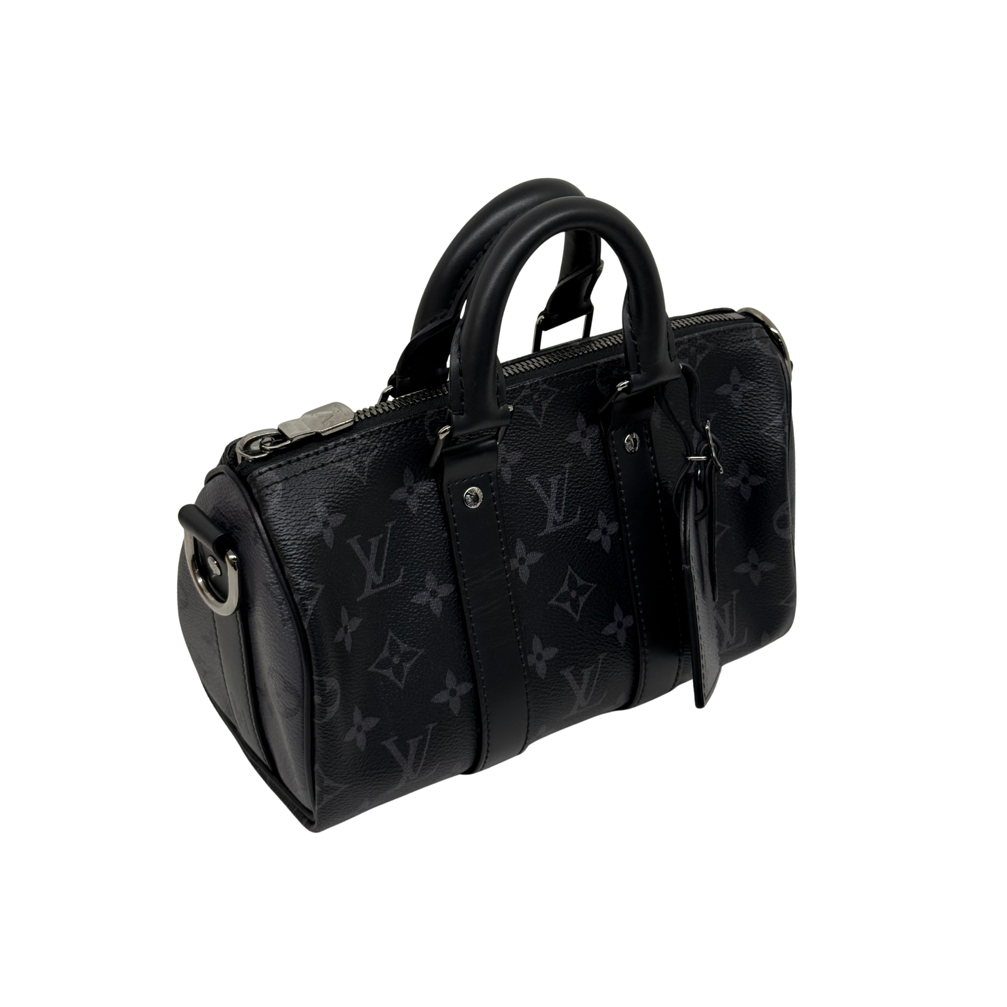 Black monogram handbag with top handles, front pocket, and crossbody strap
