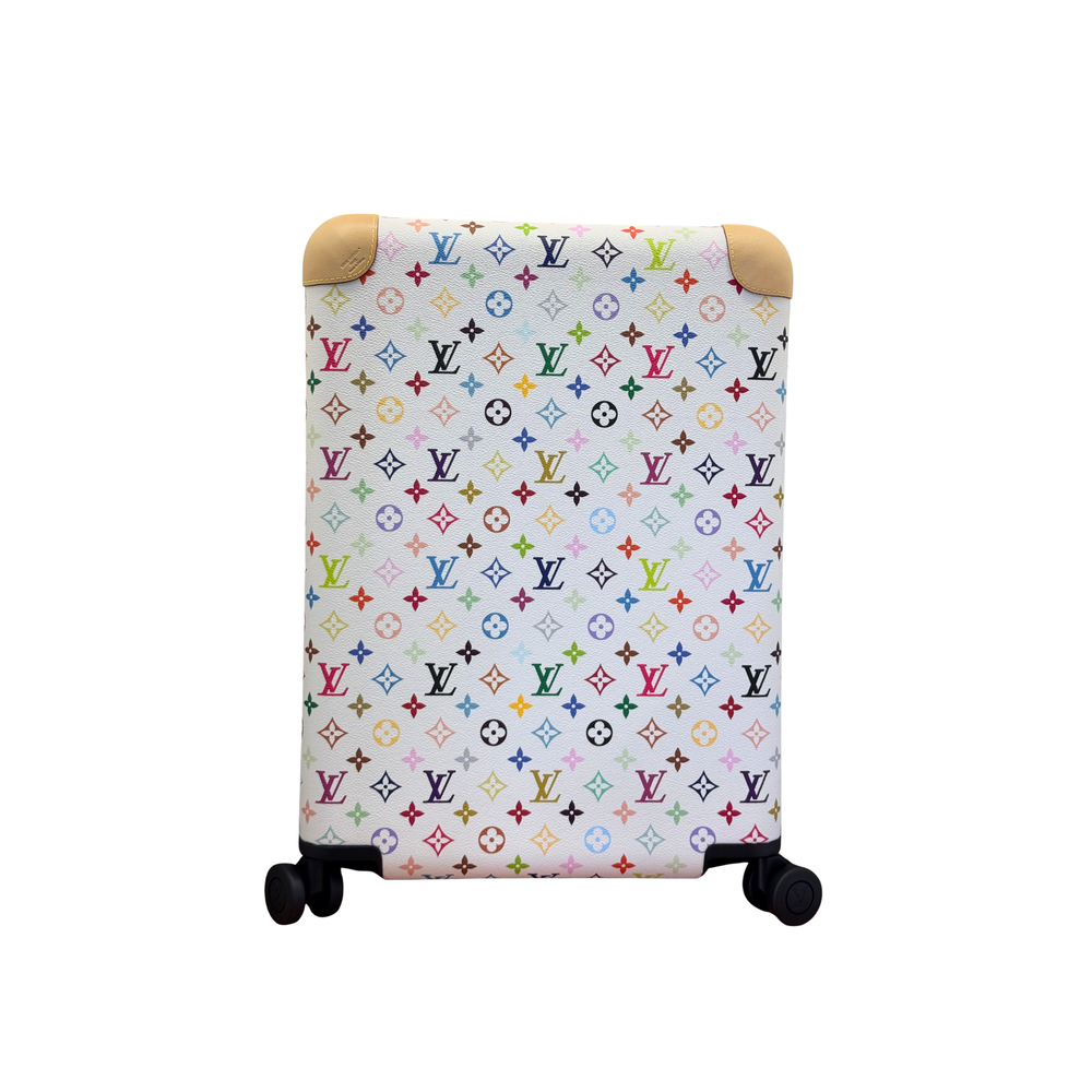 Louis Vuitton monogram suitcase with black wheels and multicolor all-over pattern