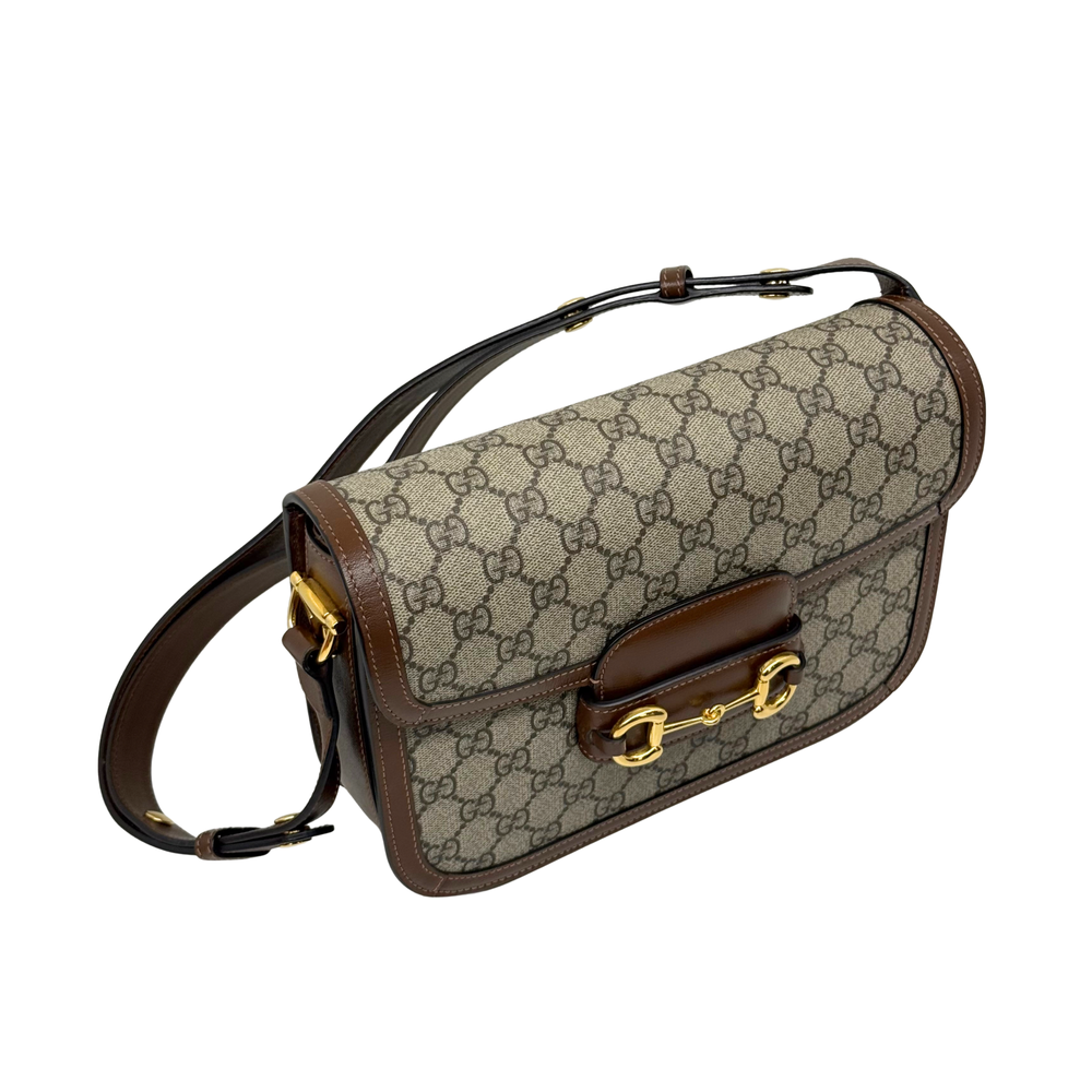 Pre-owned Gucci crossbody bag, monogram canvas with brown leather flap and gold hardware
