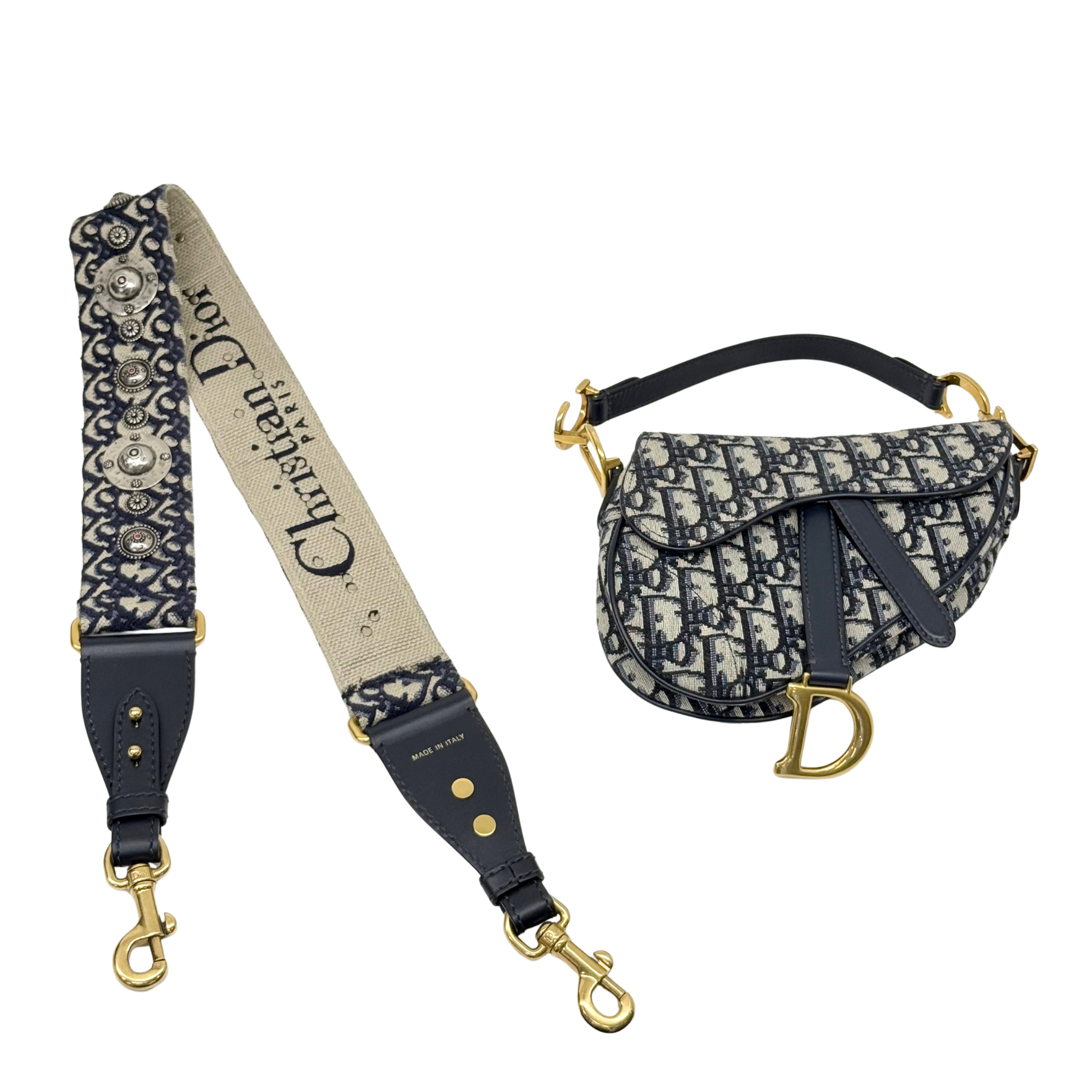 Dior pre-owned patterned shoulder strap with navy ends and gold hardware