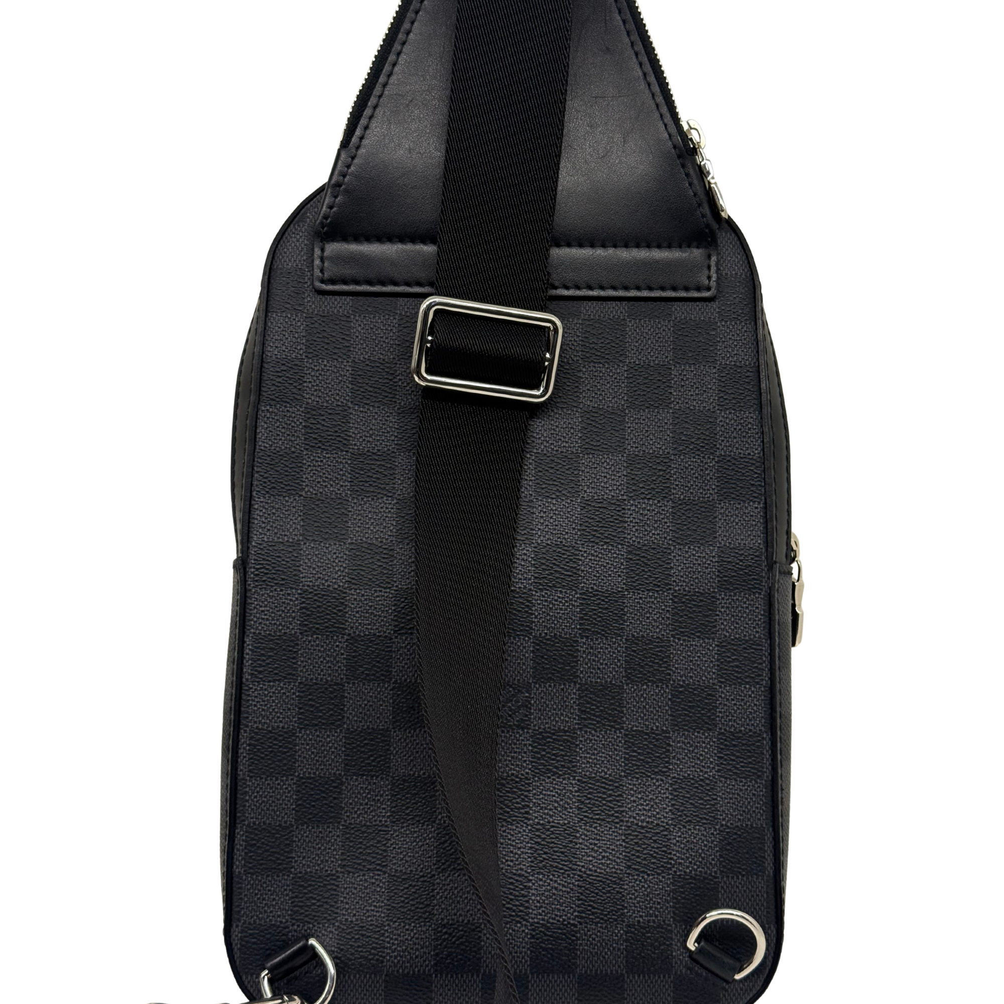 Dark checkered crossbody bag with front strap, metal rings, and top edge stitching