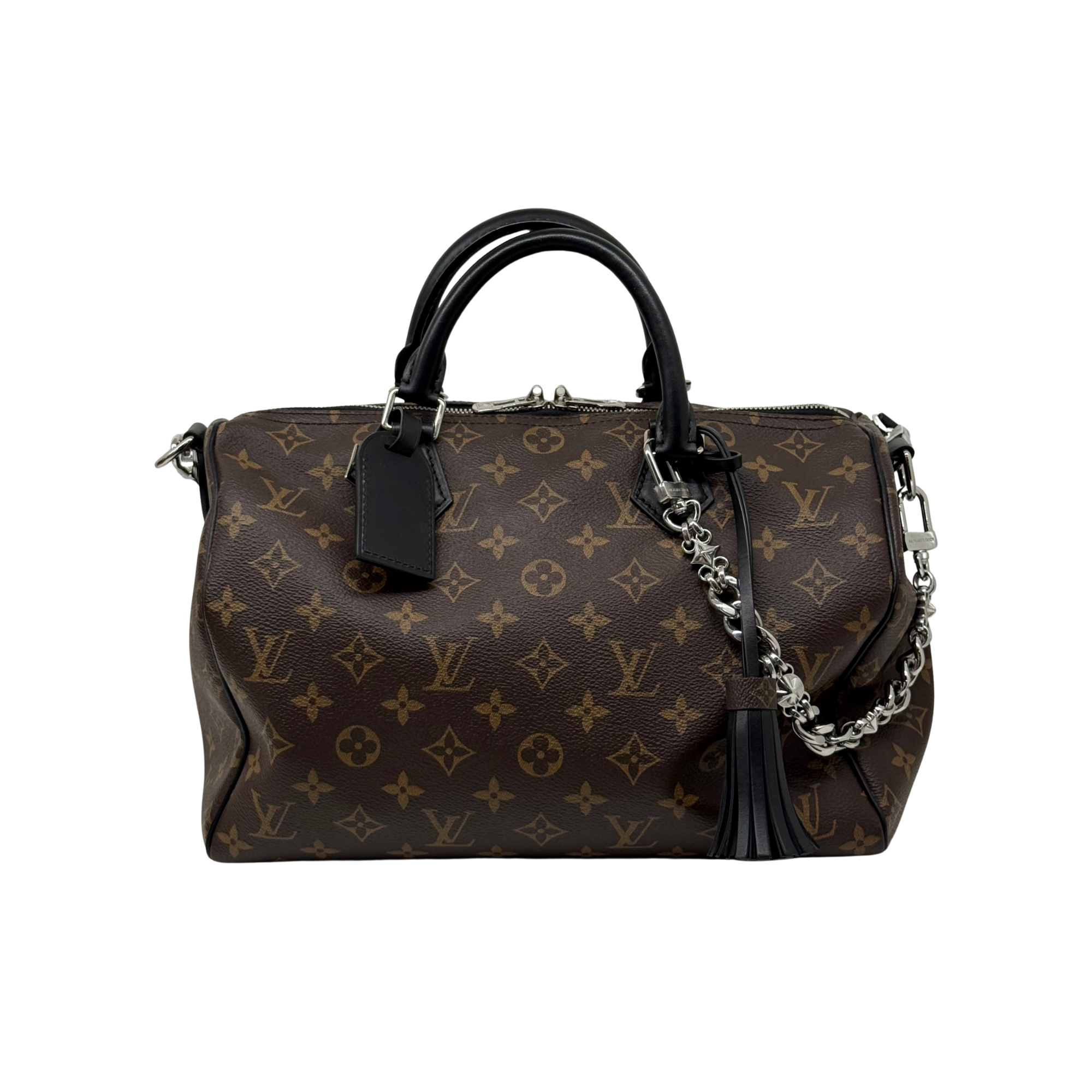 Pre-owned Louis Vuitton monogram handbag with black leather trim, top handles, chain