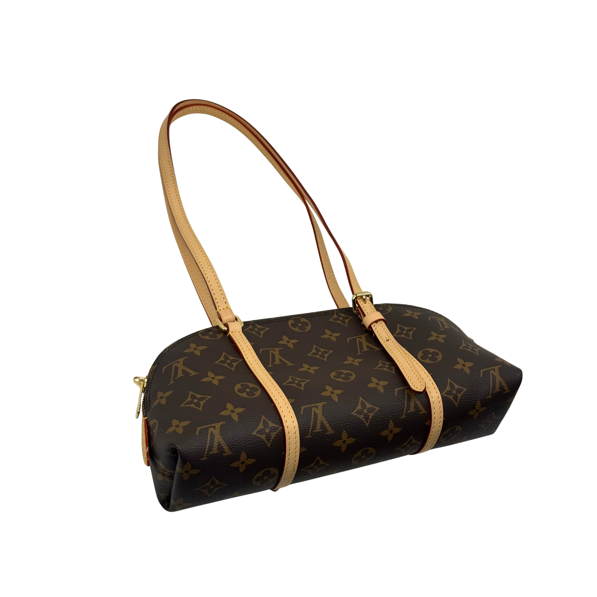 Louis Vuitton pre-owned monogram barrel handbag with top handles, dark brown and tan trim