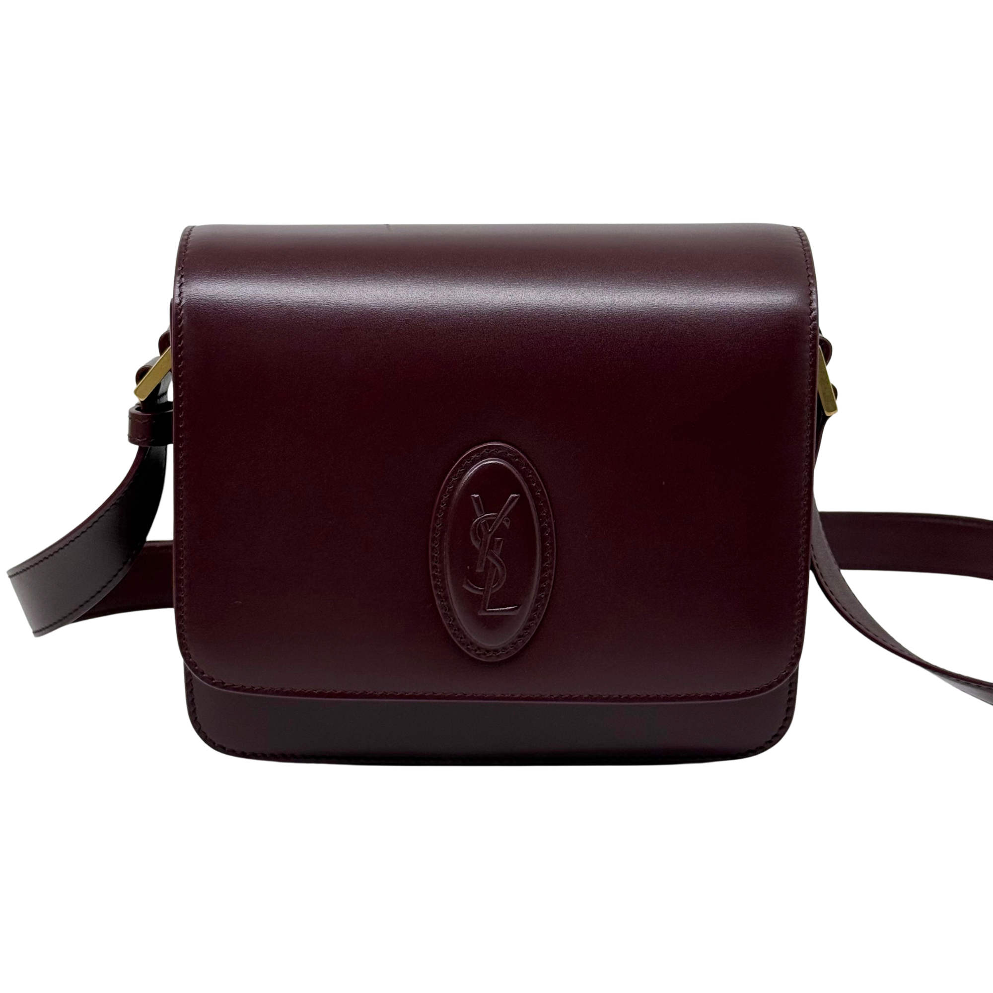 Saint Laurent Le 61 Besace bag front view with flap, burgundy leather, YSL logo badge