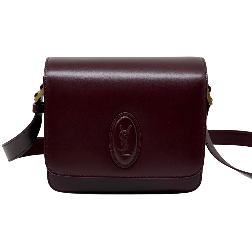 Saint Laurent Le 61 Besace bag front view with flap, burgundy leather, YSL logo badge