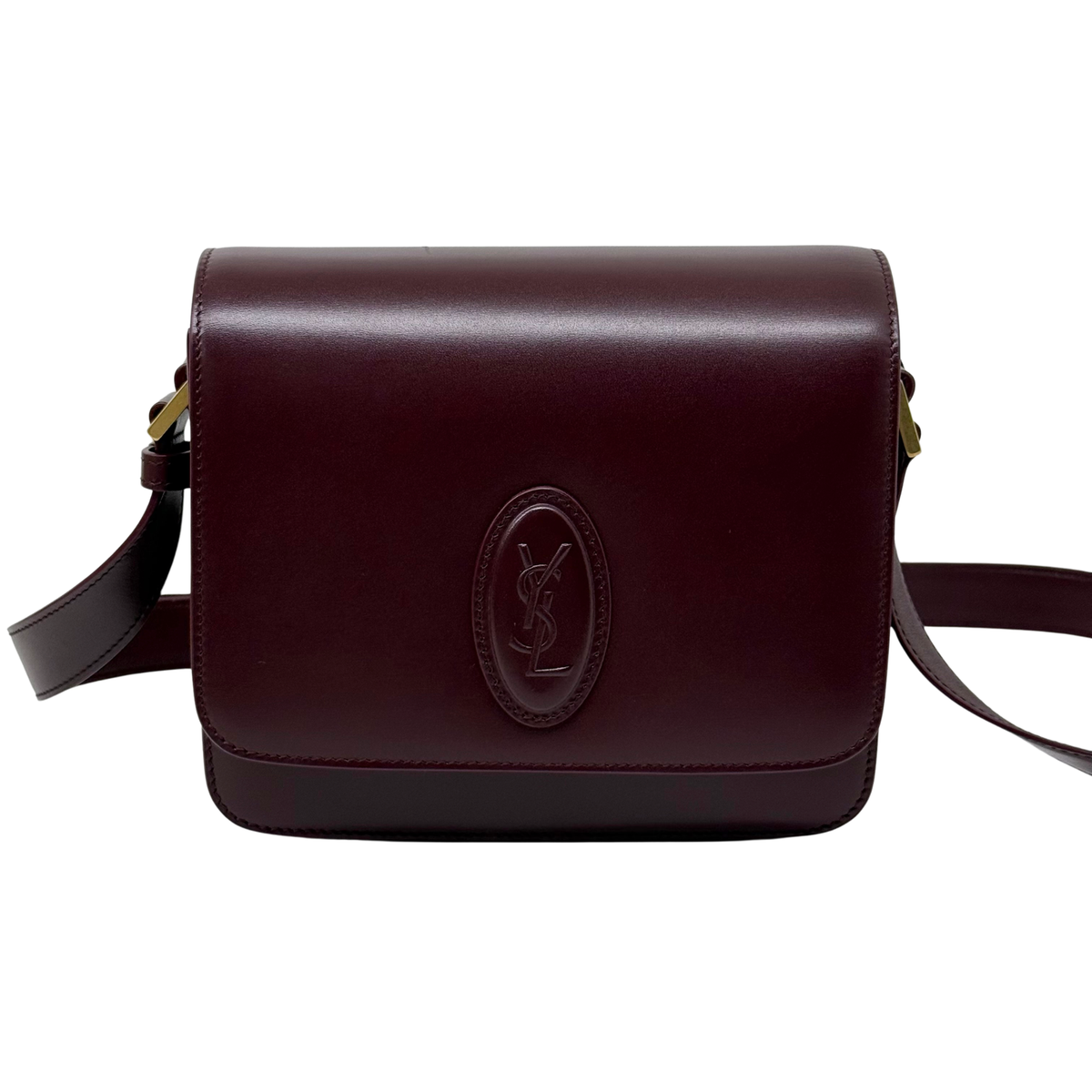 Saint Laurent Le 61 Besace bag front view with flap, burgundy leather, YSL logo badge