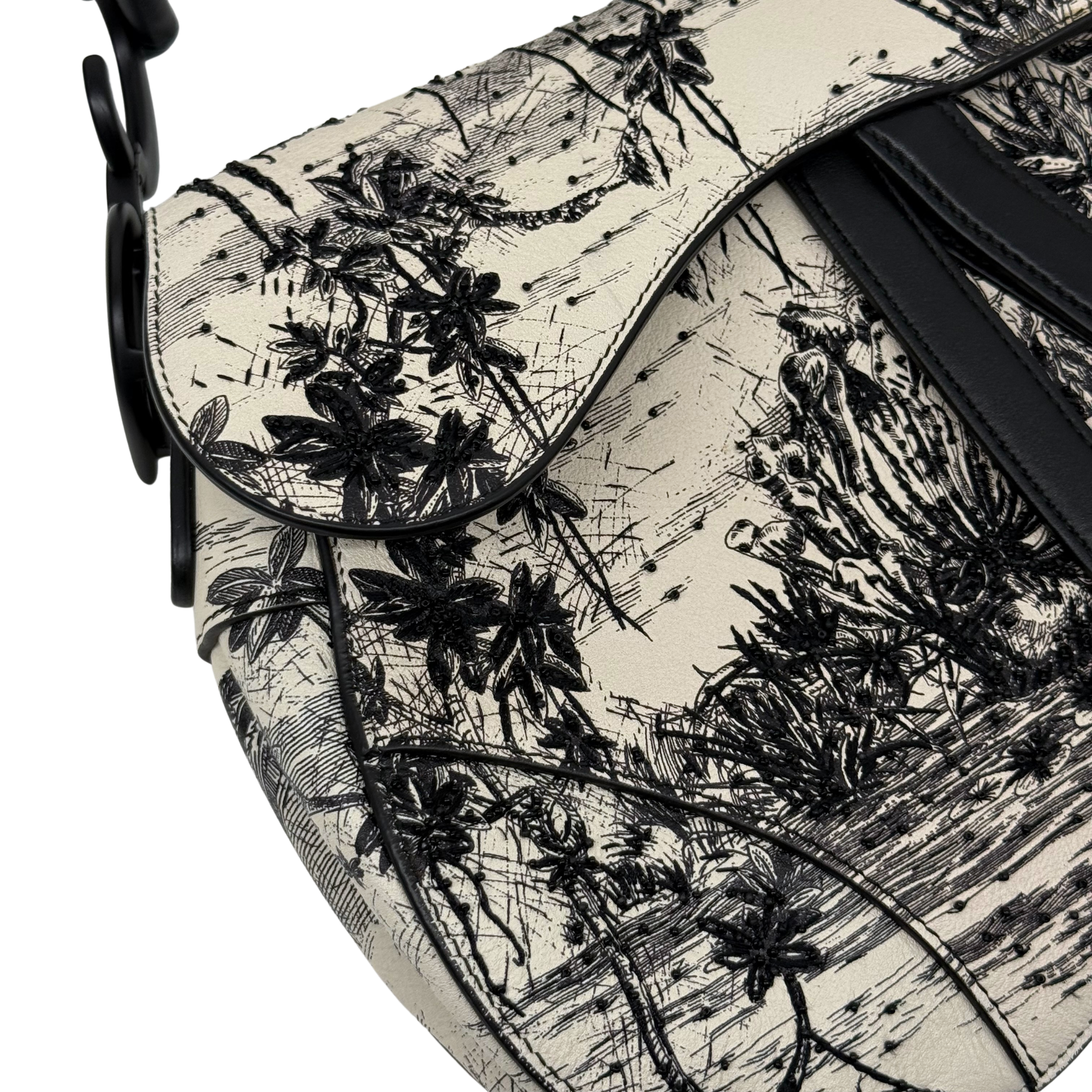Christian Dior Calfskin Embroidered Palm Tree Toile De Jouy Saddle Bag White Black (pre-owned)