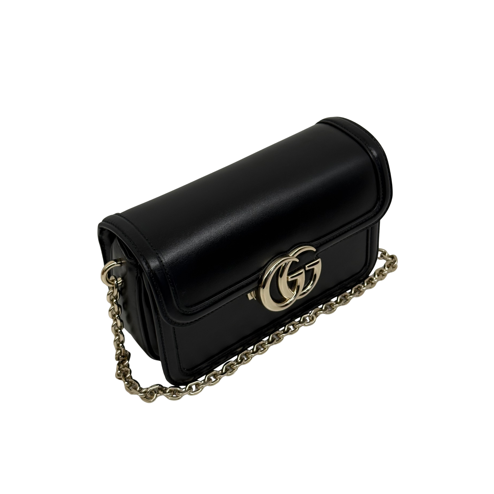 Gucci black leather shoulder bag with GG clasp and gold-tone chain strap