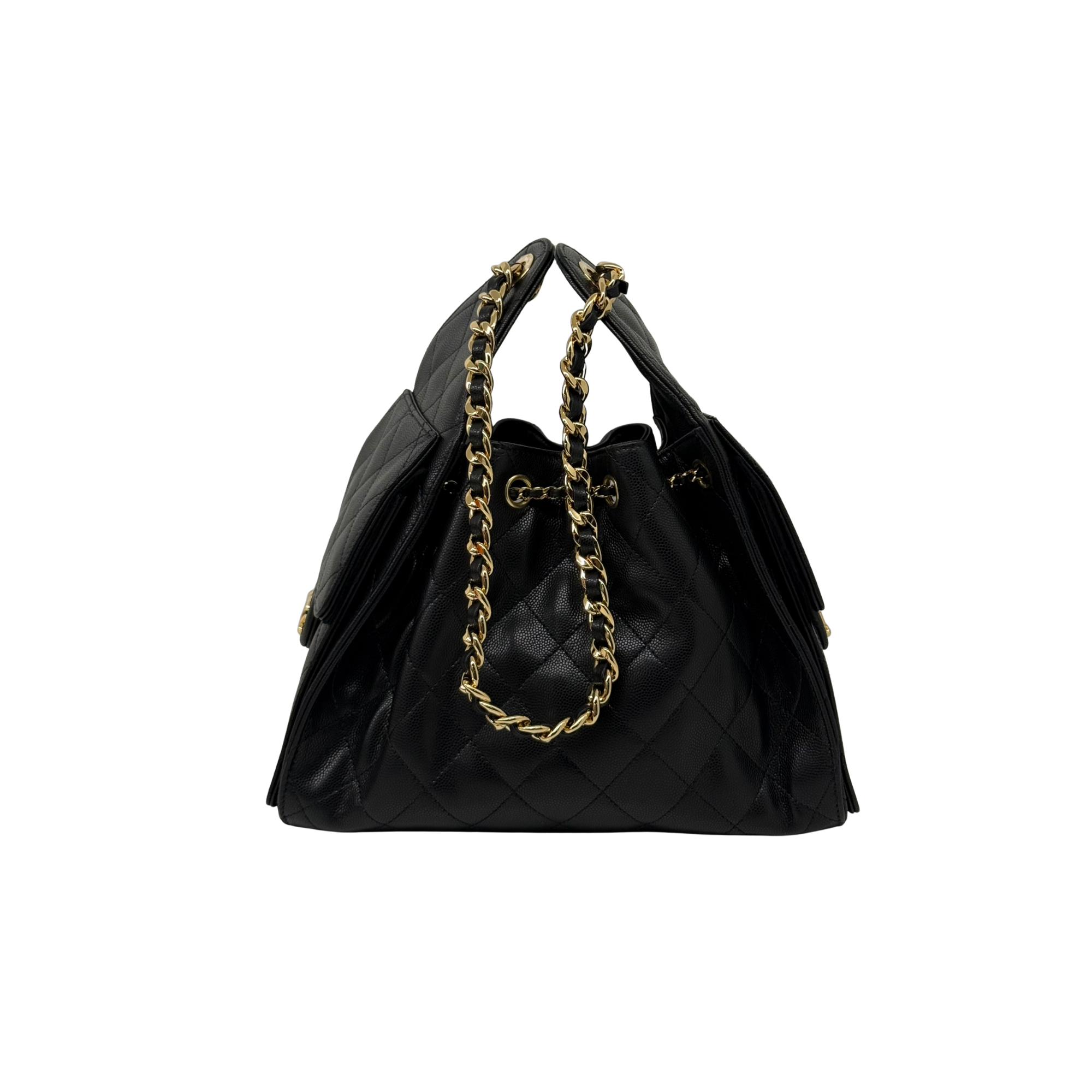 Black quilted satchel handbag with gold chain handles and dangling charm