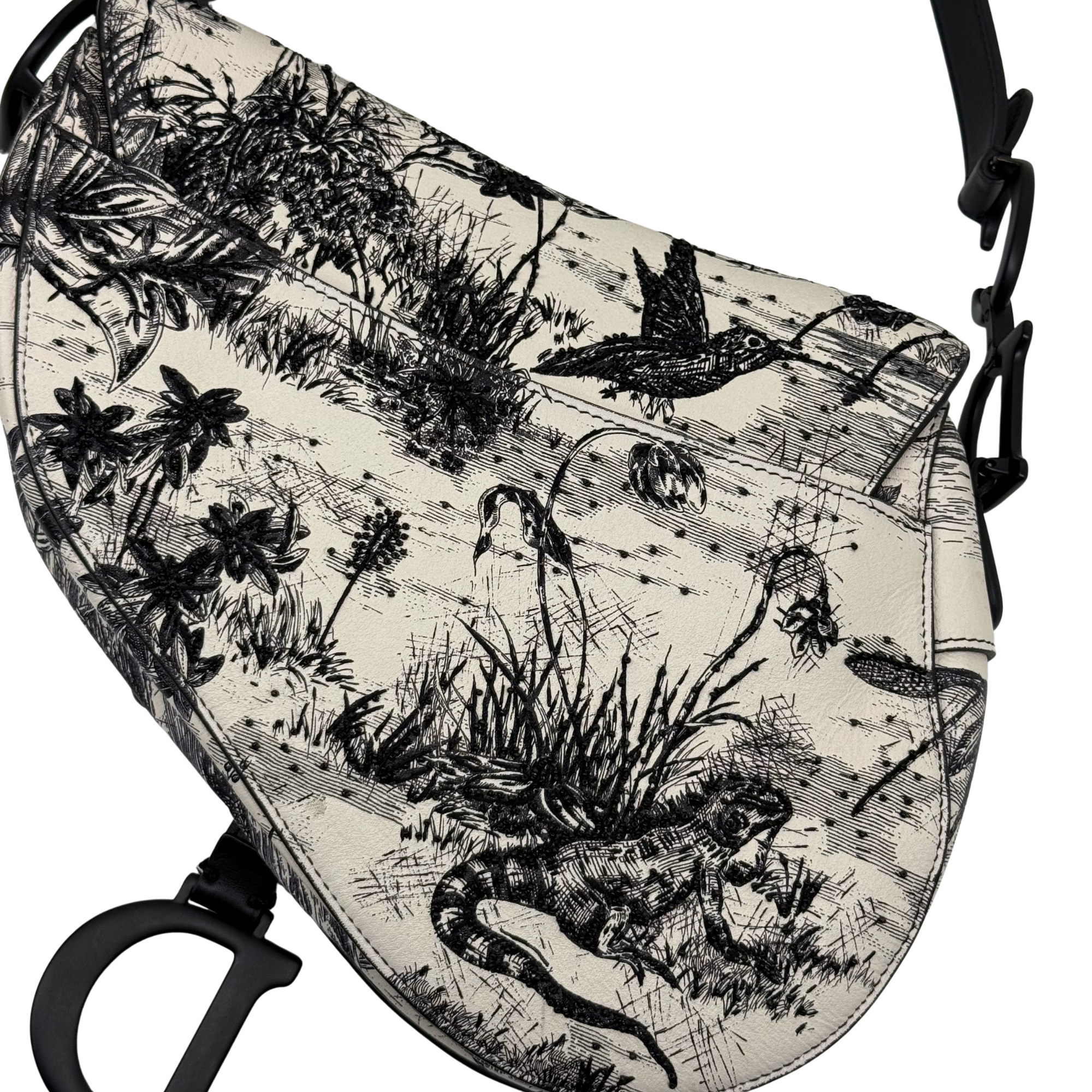 Christian Dior Calfskin Embroidered Palm Tree Toile De Jouy Saddle Bag White Black (pre-owned)